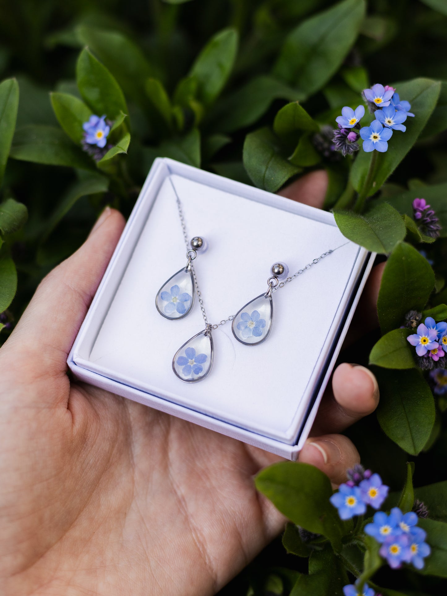 Schmuckset mit Vergissmeinnicht-Blüten | Geschenke zum Muttertag
