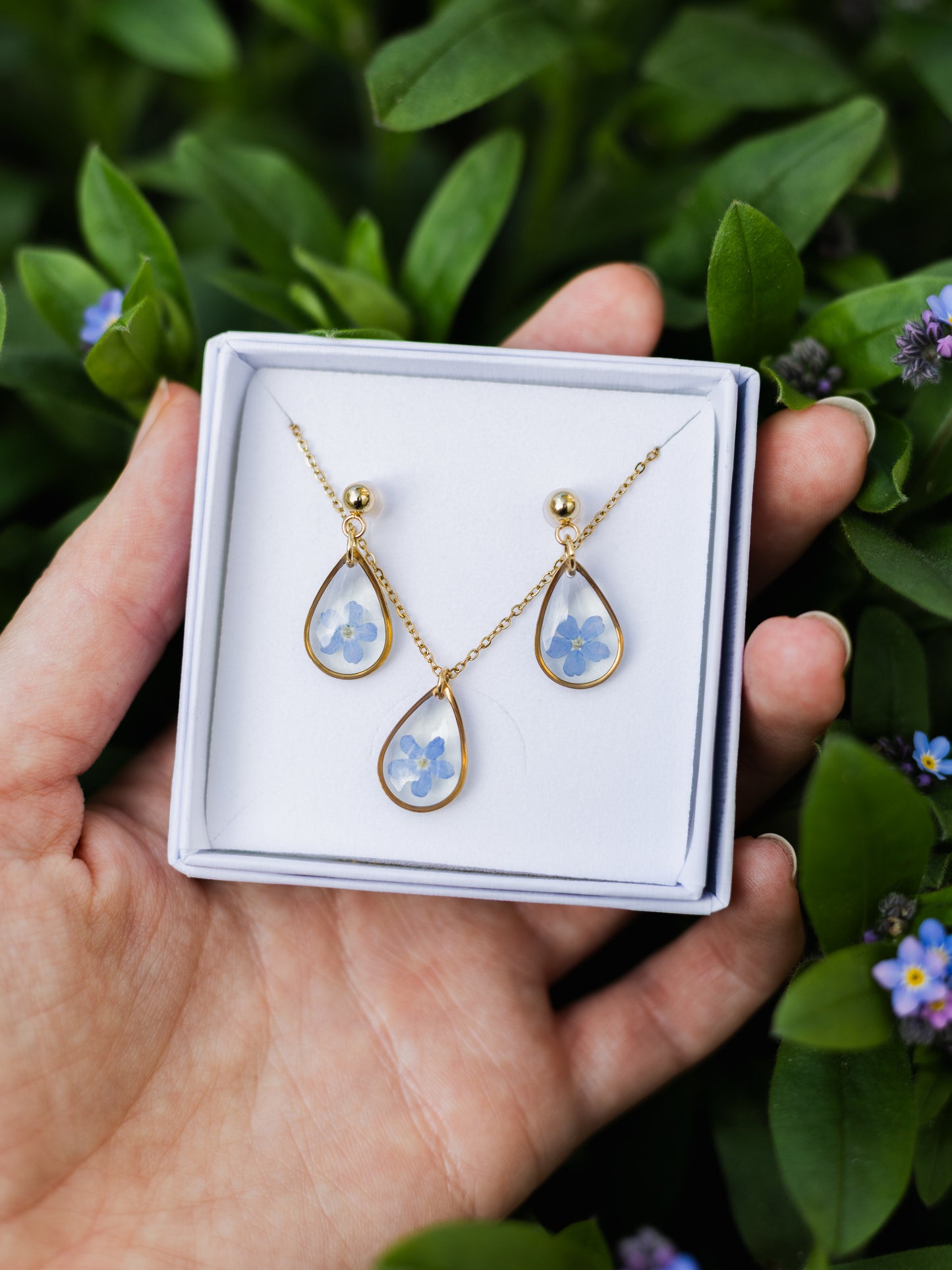 Schmuckset mit Vergissmeinnicht-Blüten | Geschenke zum Muttertag