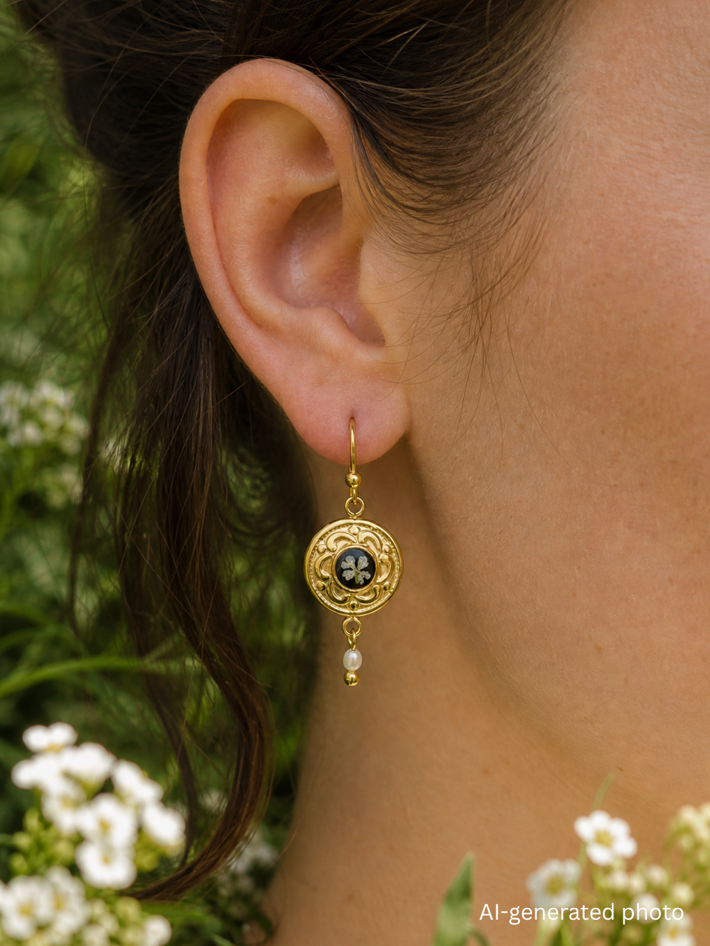 Earrings with wild carrot and freshwater pearls
