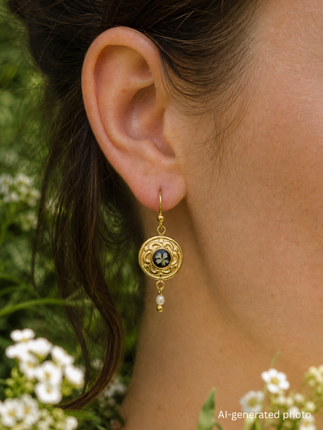 Earrings with wild carrot and freshwater pearls