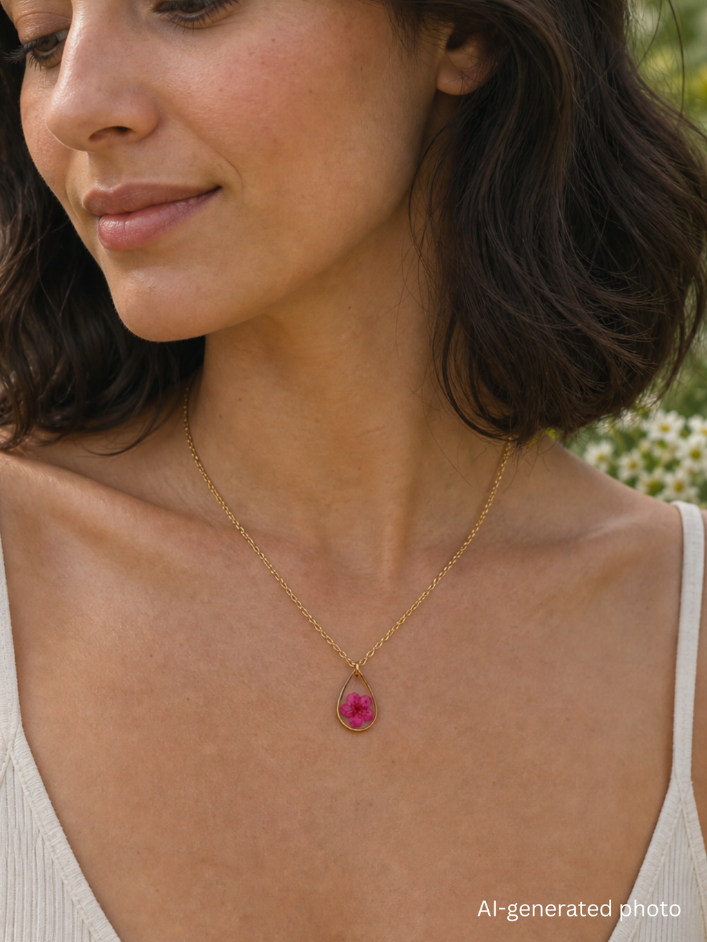 Halskette mit pinker Blüte - SANDKORN Usedom | Pflanzenschmuck | Wasserfeste Halskette | PVD Vergoldung | Schmuck mit echten Pflanzen | Ostsee Schmuck