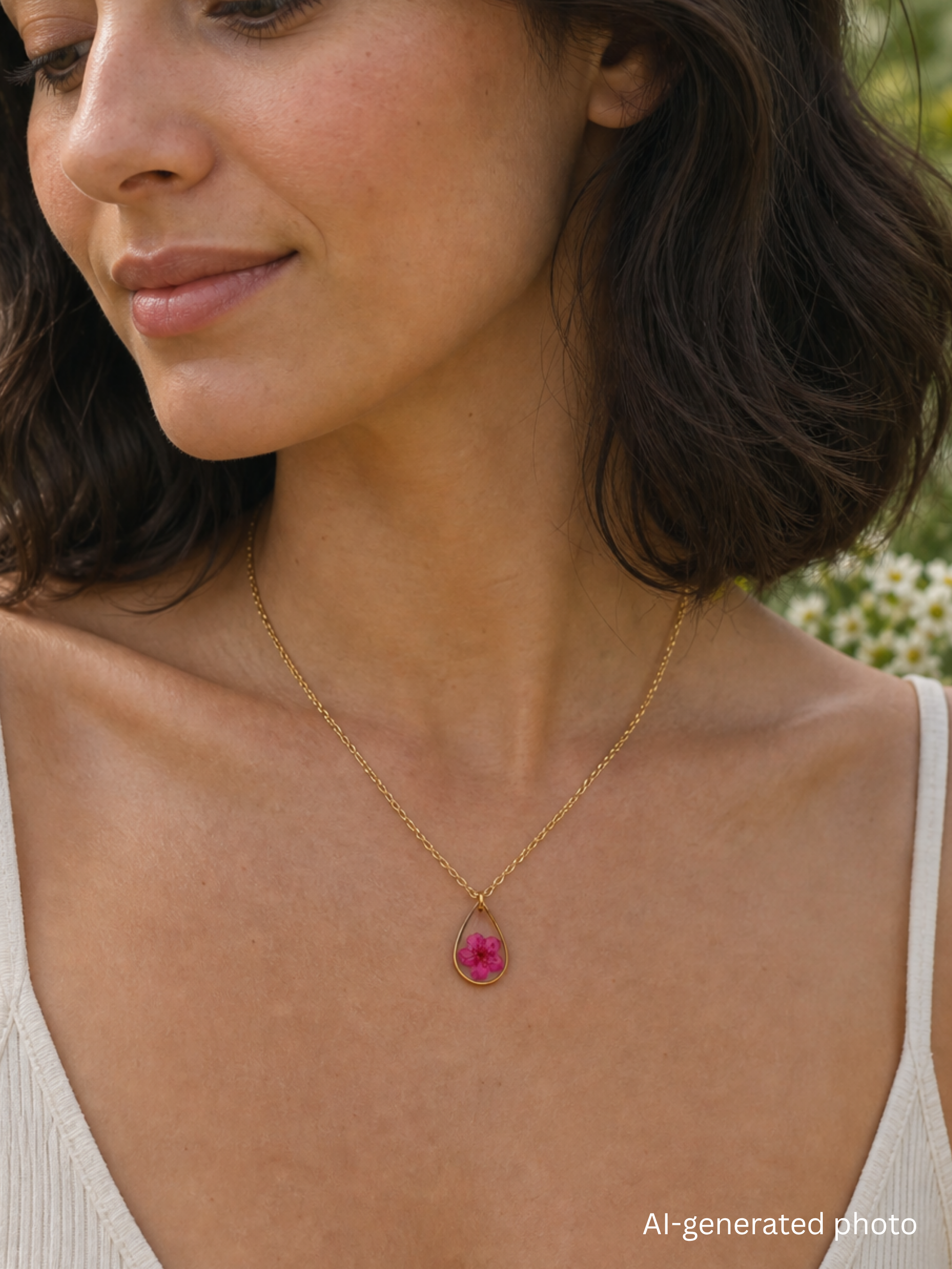 Halskette mit pinker Blüte - SANDKORN Usedom | Pflanzenschmuck | Wasserfeste Halskette | PVD Vergoldung | Schmuck mit echten Pflanzen | Ostsee Schmuck
