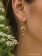 Ohrringe mit Sonnen, Wilder Möhre und Süßwasserperlen - SANDKORN Usedom | Schmuck mit echten Blüten | Ohrringe Chirurgenstahl | Allergiefreundliche Ohrringe | Allergieschmuck | Nickelfreie Ohrringe | Ohrringe mit Perlen