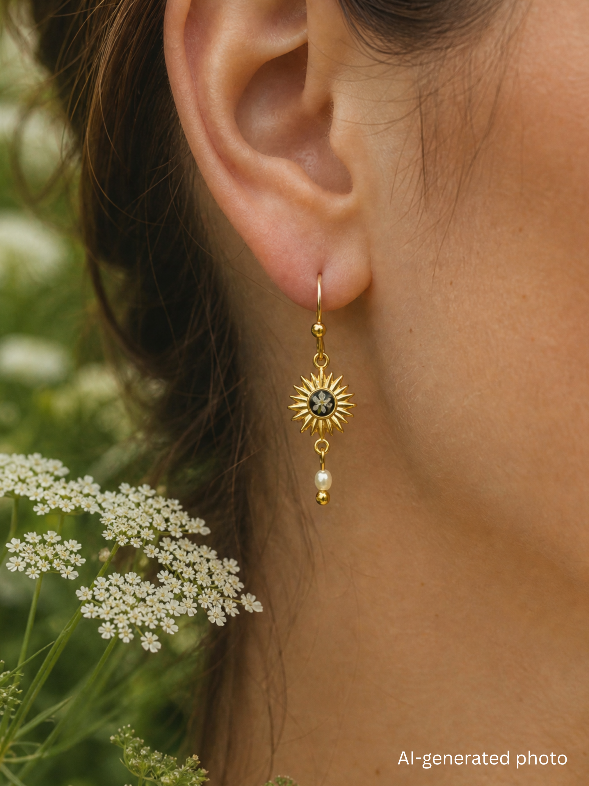 Ohrringe mit Sonnen, Wilder Möhre und Süßwasserperlen - SANDKORN Usedom | Schmuck mit echten Blüten | Ohrringe Chirurgenstahl | Allergiefreundliche Ohrringe | Allergieschmuck | Nickelfreie Ohrringe | Ohrringe mit Perlen