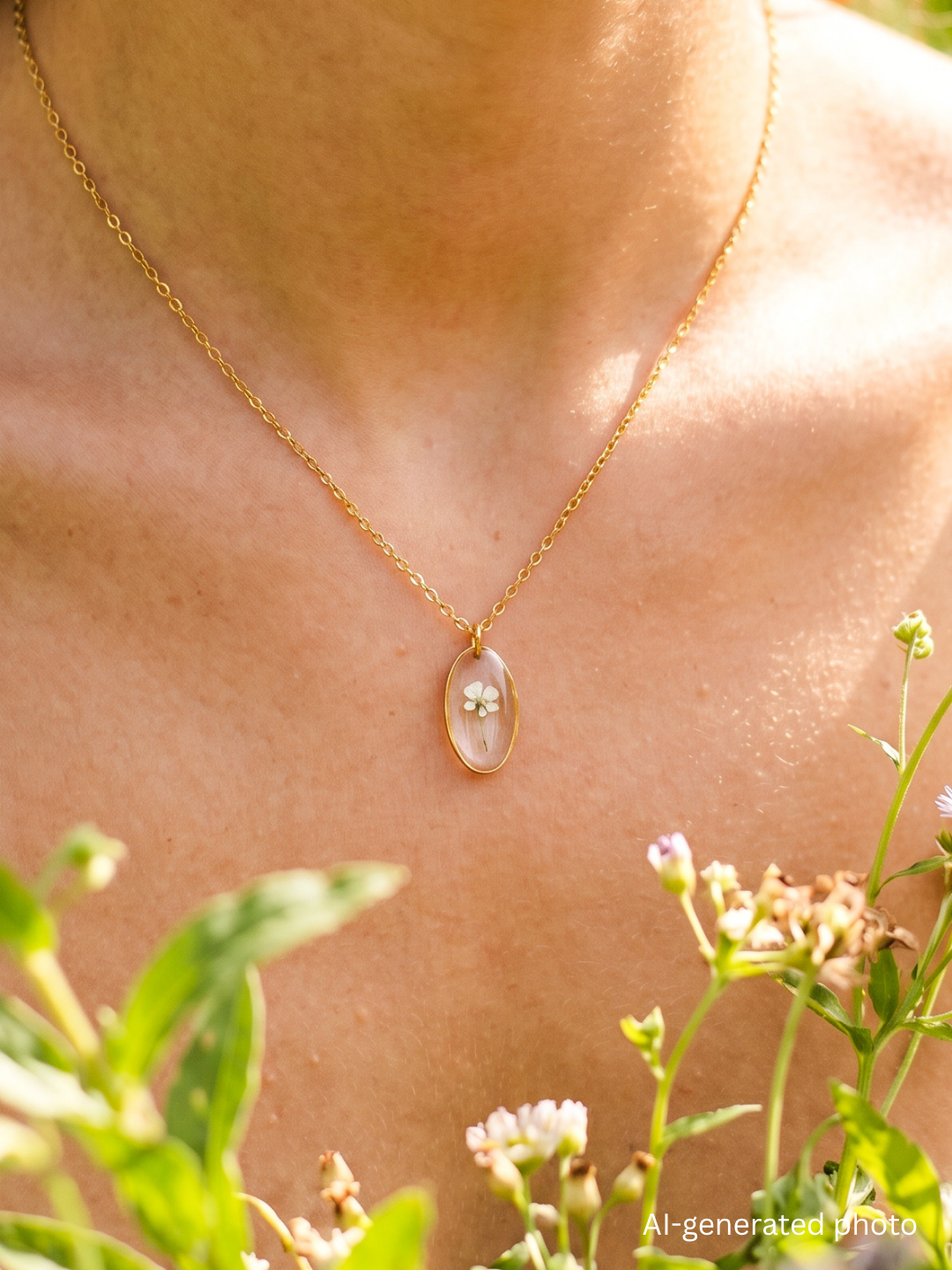 Dezente Halskette mit winziger Blüte | Naturschmuck von Usedom | Schmuck mit echten Pflanzen | Blumen Halskette | Usedom Schmuck | PVD Schmuck | Sandkorn Usedom