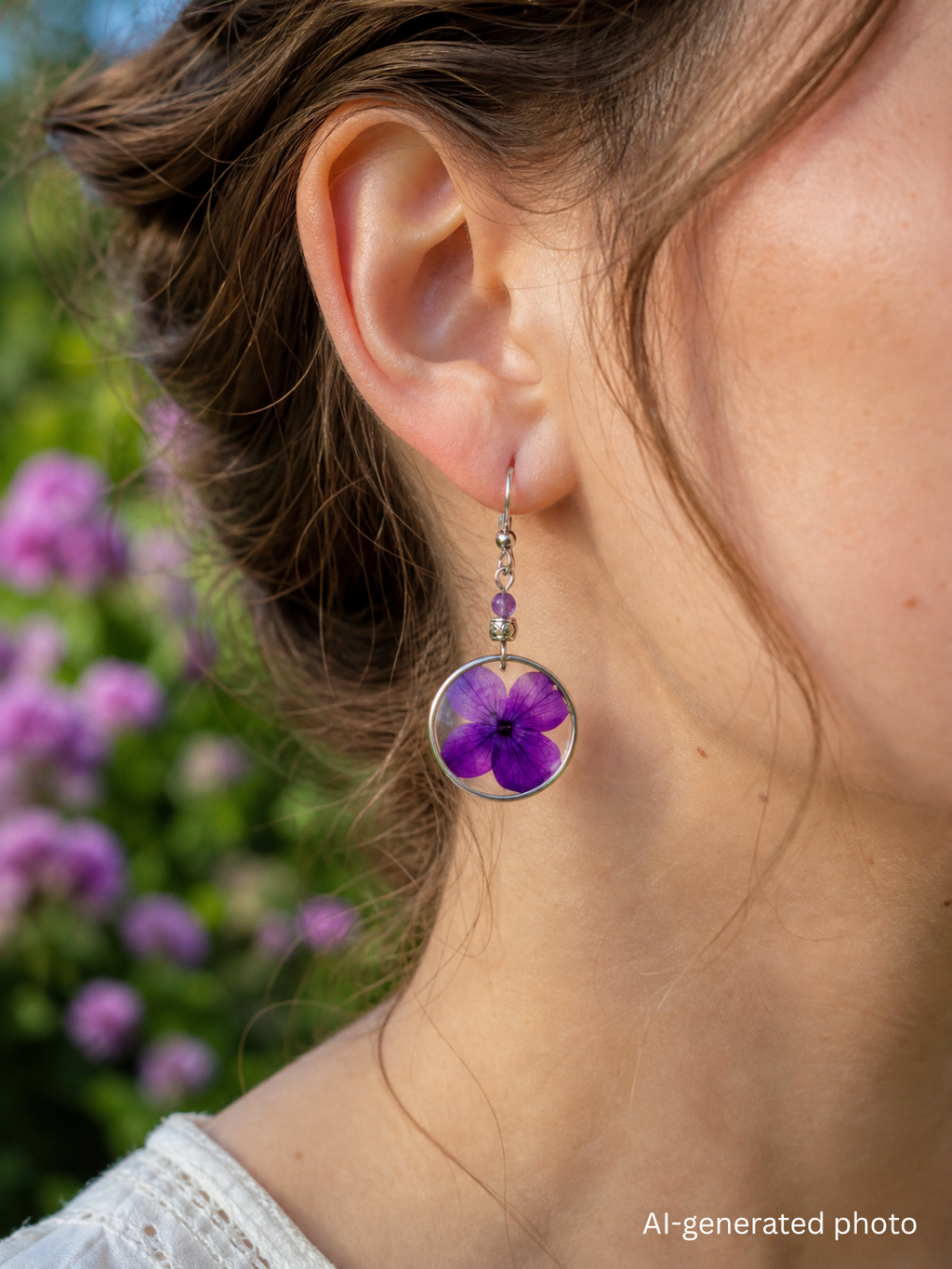 Allergiefreundliche Ohrringe mit echten Pflanzen | Blumenschmuck | Chirurgenstahl Ohrringe | Sommerschmuck | PVD-vergoldet | Sandkorn Usedom | Lila Ohrringe | BTS Schmuck