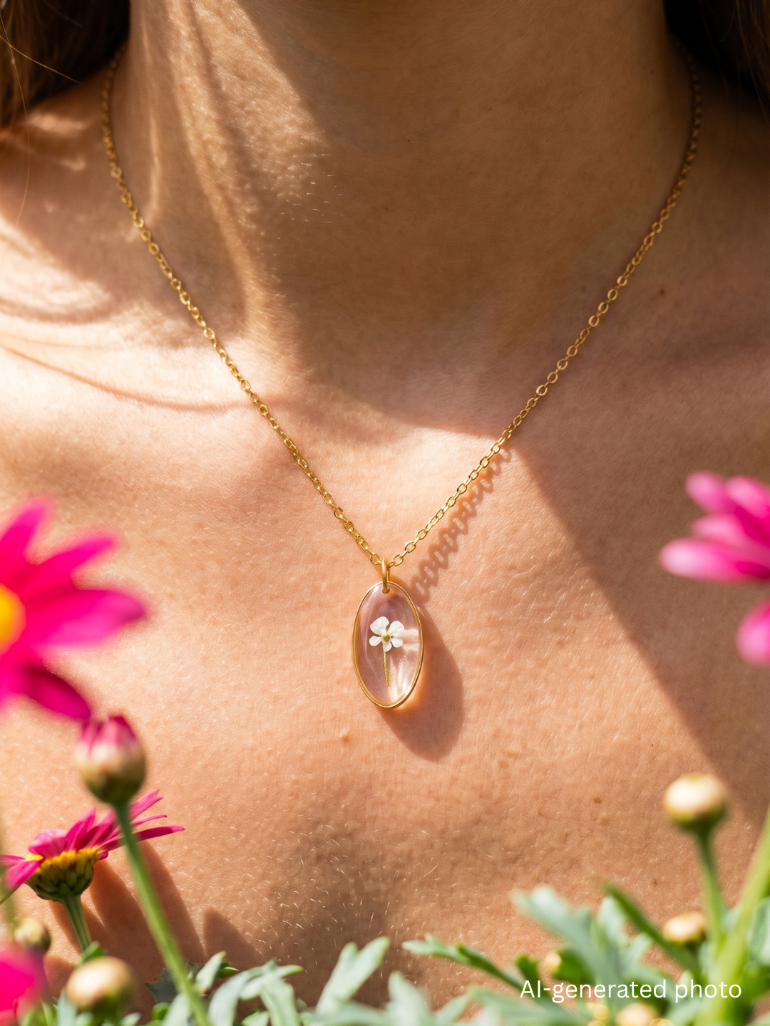 Dezente Halskette mit winziger Blüte | Naturschmuck von Usedom | Schmuck mit echten Pflanzen | Blumen Halskette | Usedom Schmuck | PVD Schmuck | Sandkorn Usedom