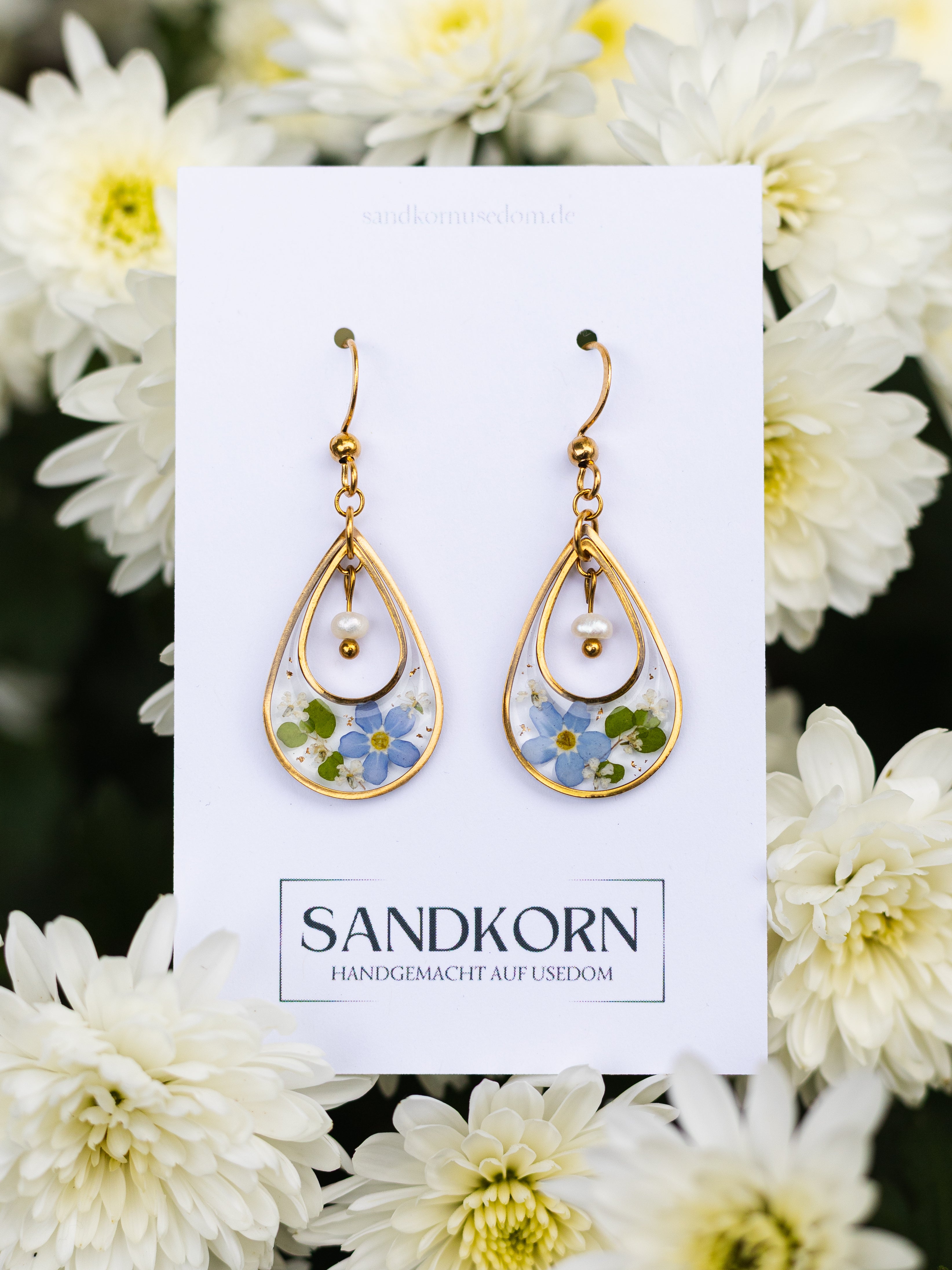 Ohrringe mit echten Vergissmeinnicht und Perlen | Usedom Schmuck | Naturschmuck | Blütenschmuck | Schmuck mit echten Blumen