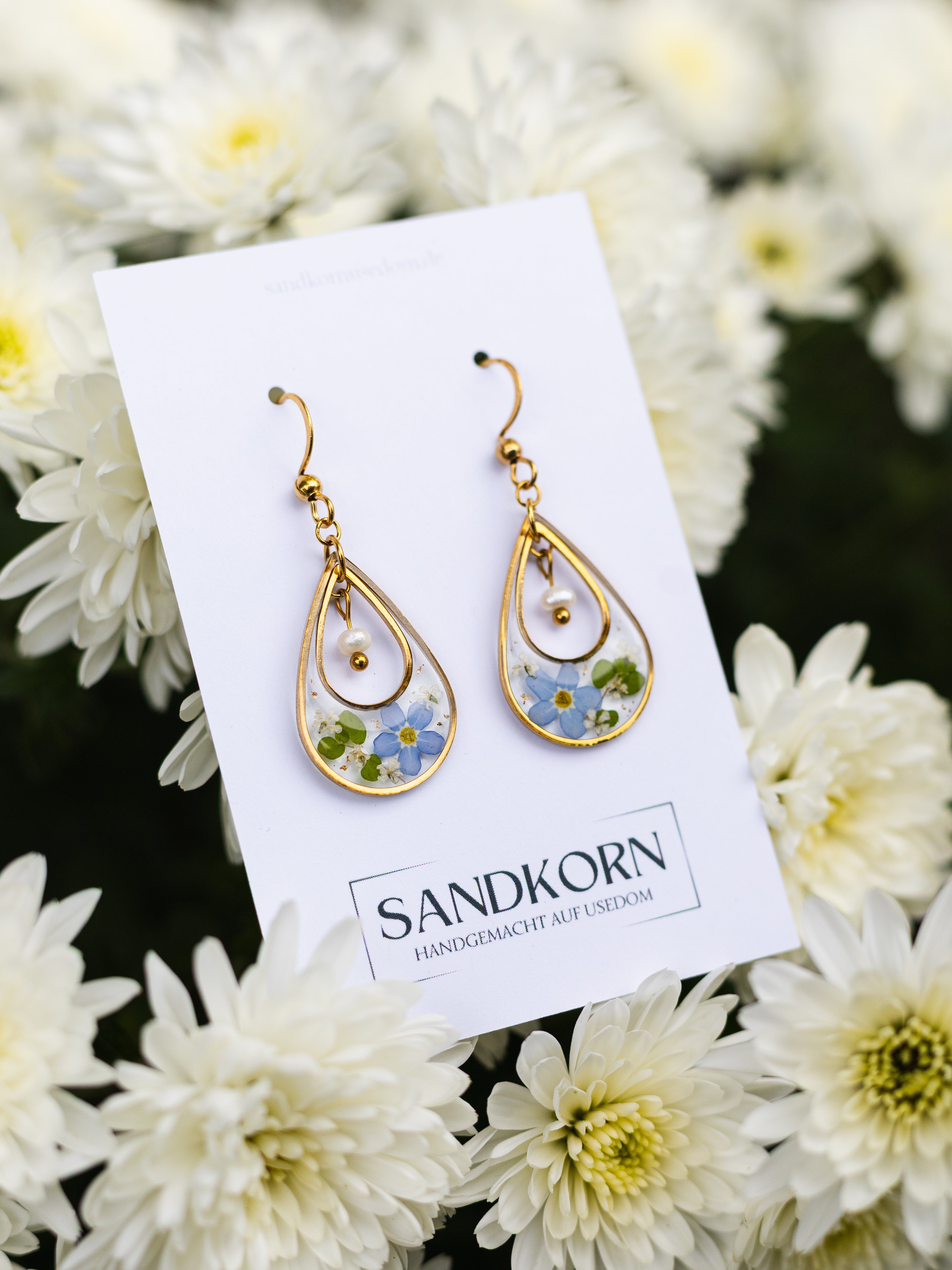 Ohrringe mit echten Vergissmeinnicht und Perlen | Usedom Schmuck | Naturschmuck | Blütenschmuck | Schmuck mit echten Blumen