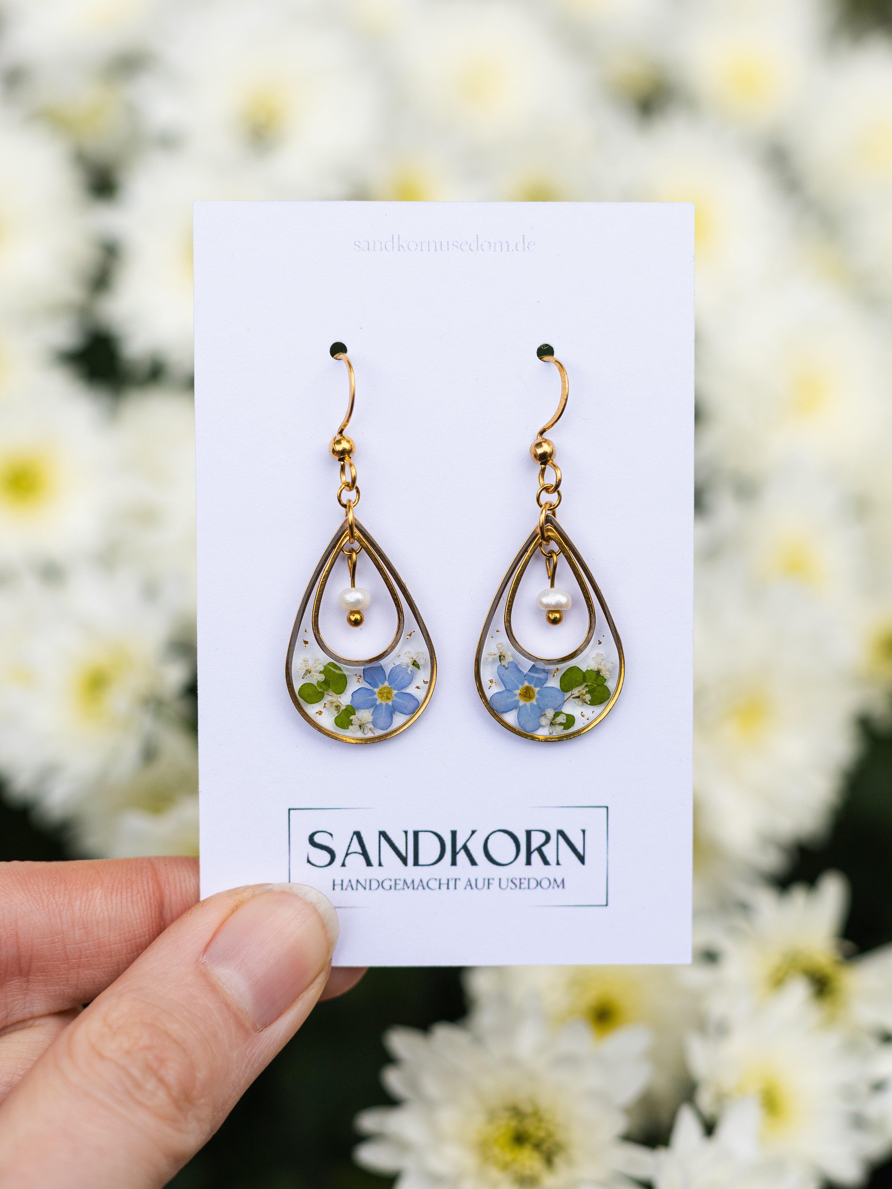 Ohrringe mit echten Vergissmeinnicht und Perlen | Usedom Schmuck | Naturschmuck | Blütenschmuck | Schmuck mit echten Blumen