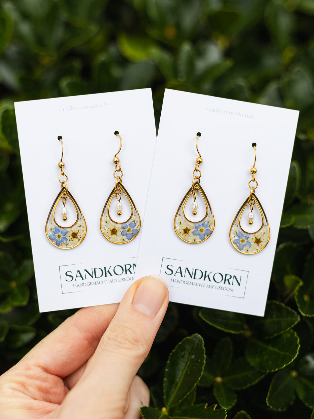 Ohrringe mit echten Vergissmeinnicht und Perlen | Usedom Schmuck | Naturschmuck | Ohrringe mit Blumen