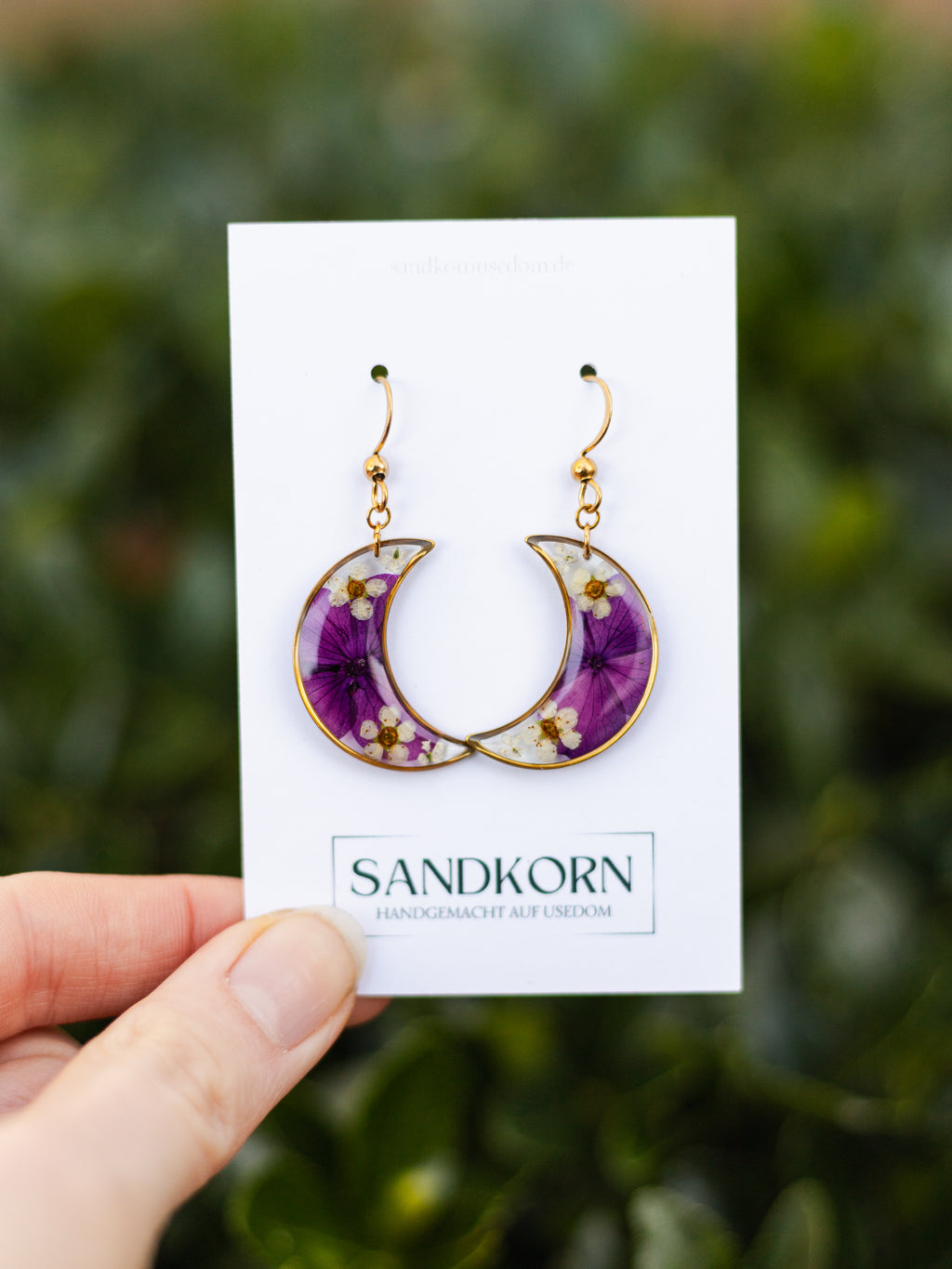 Moon earrings with hydrangea, spirea and wild carrot