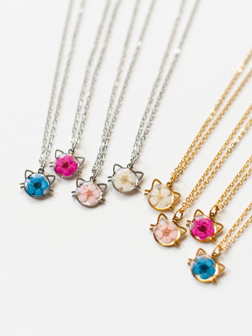 Halskette mit Katze und echter Blüte - SANDKORN Usedom | Schmuck für Kinder | Erinnerung an Katze | Erinnerungsschmuck | Katzen Halskette