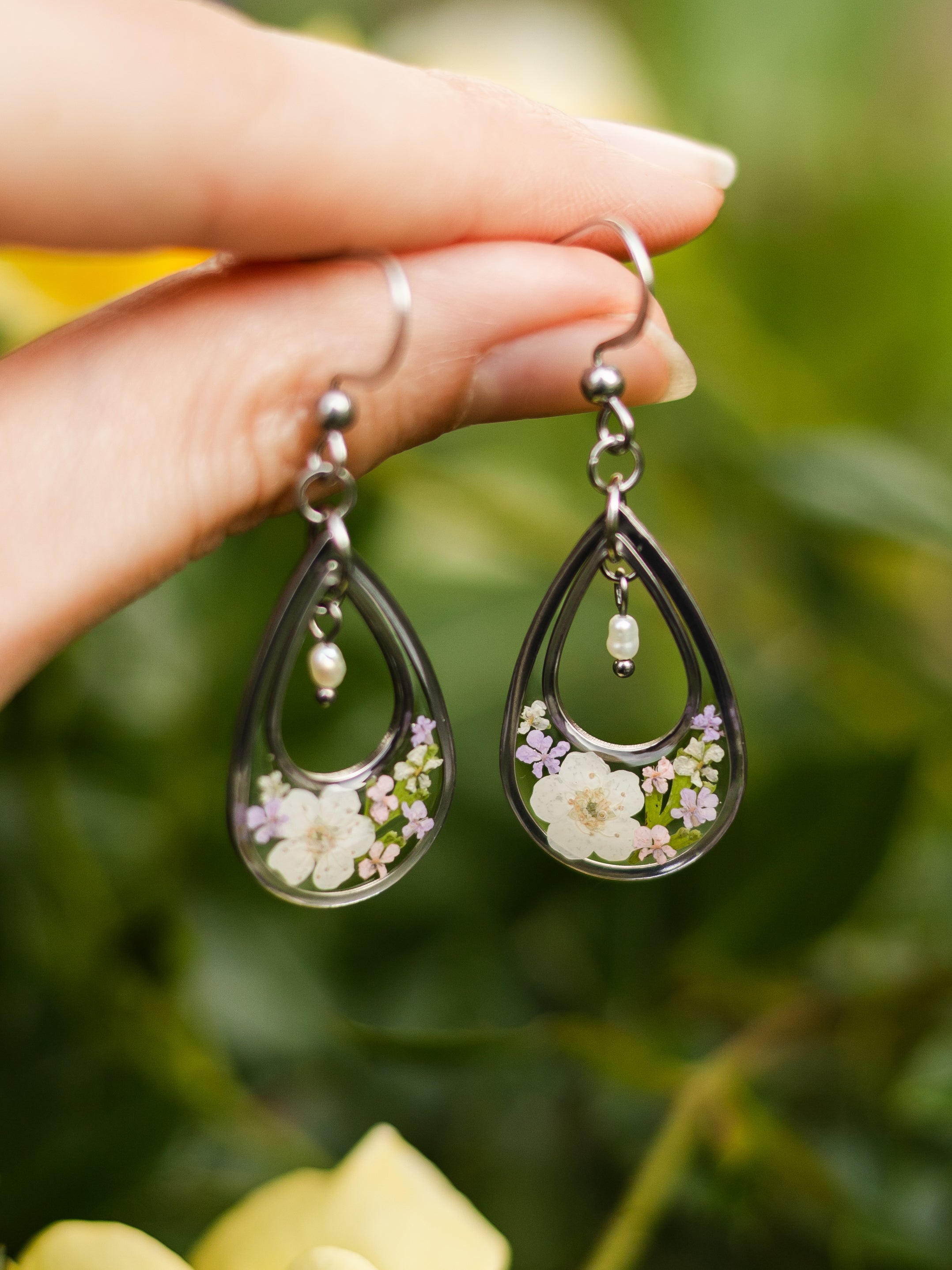 Earrings with spiraea, wild carrot and freshwater pearls