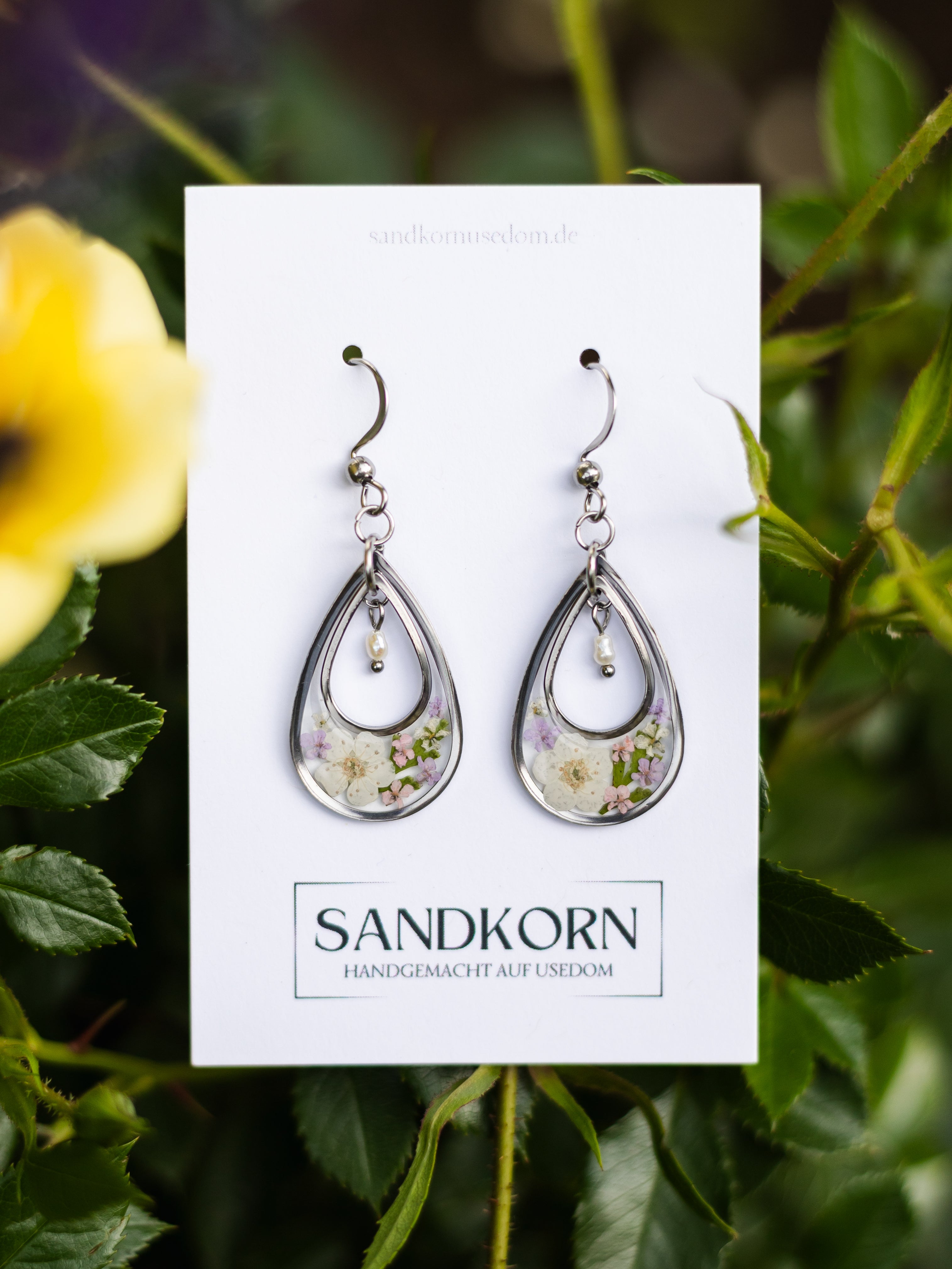 Earrings with spiraea, wild carrot and freshwater pearls