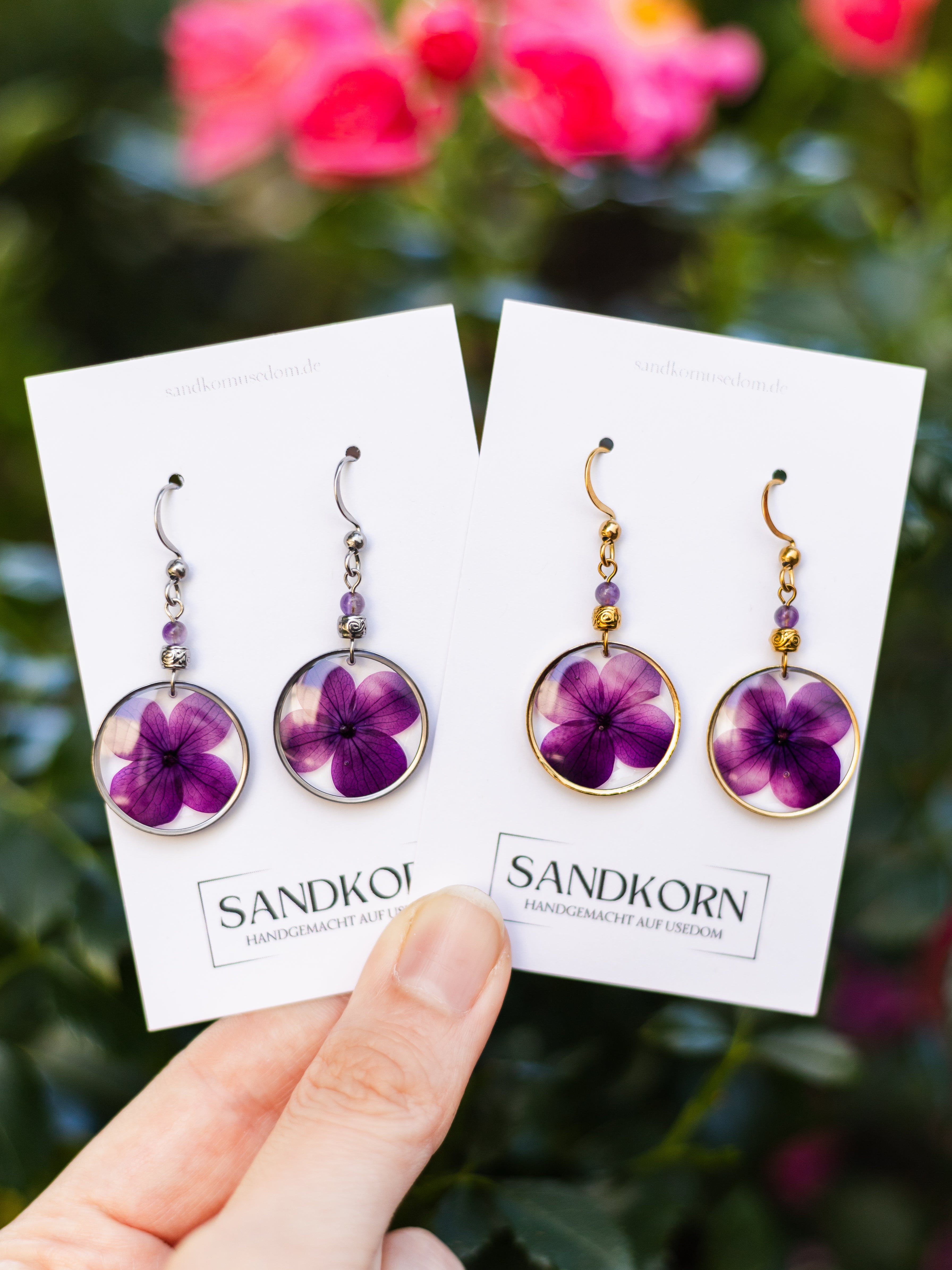 Ohrringe mit Hortensie und Amethystperlen