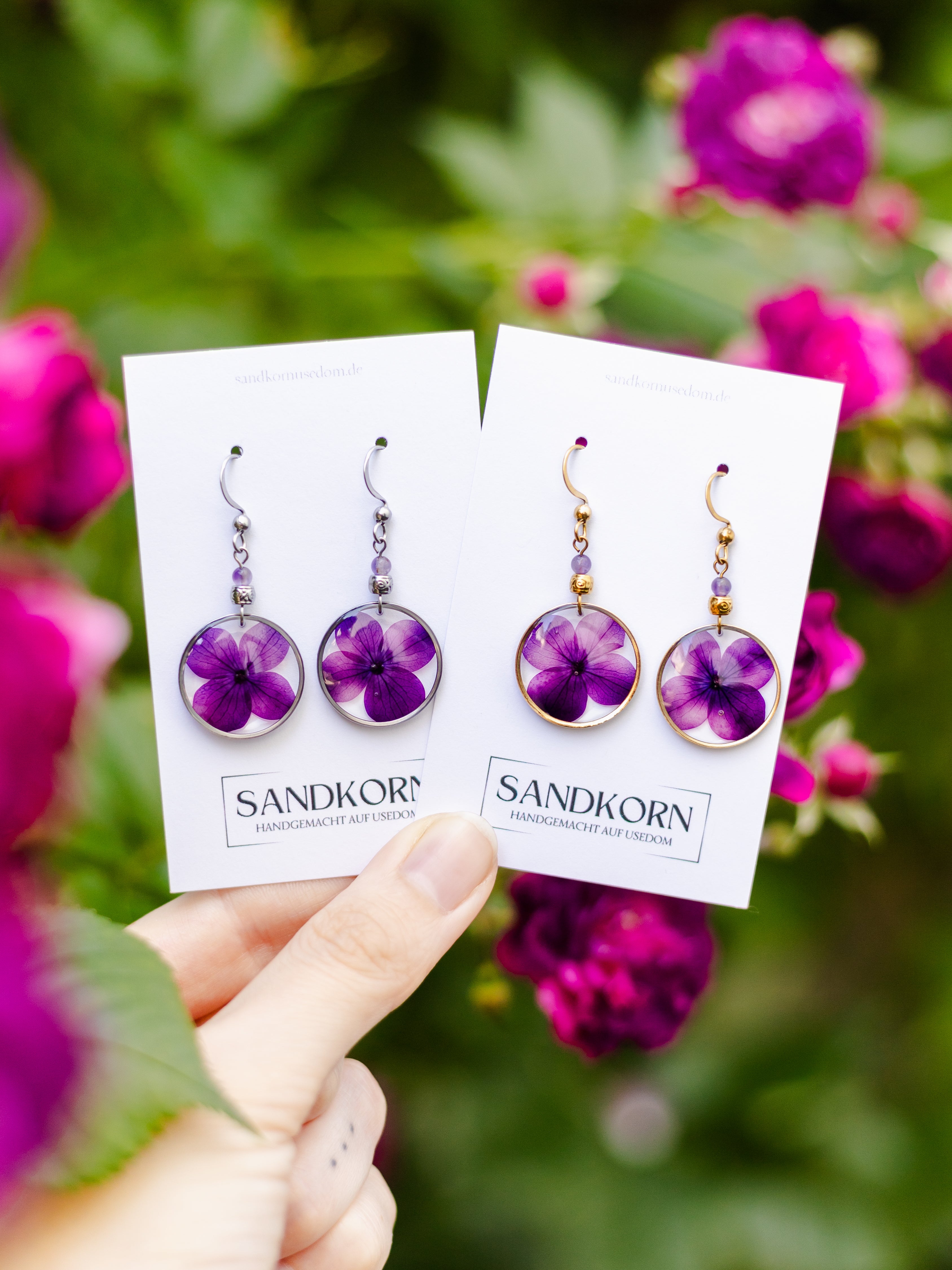 Ohrringe mit Hortensie und Amethystperlen