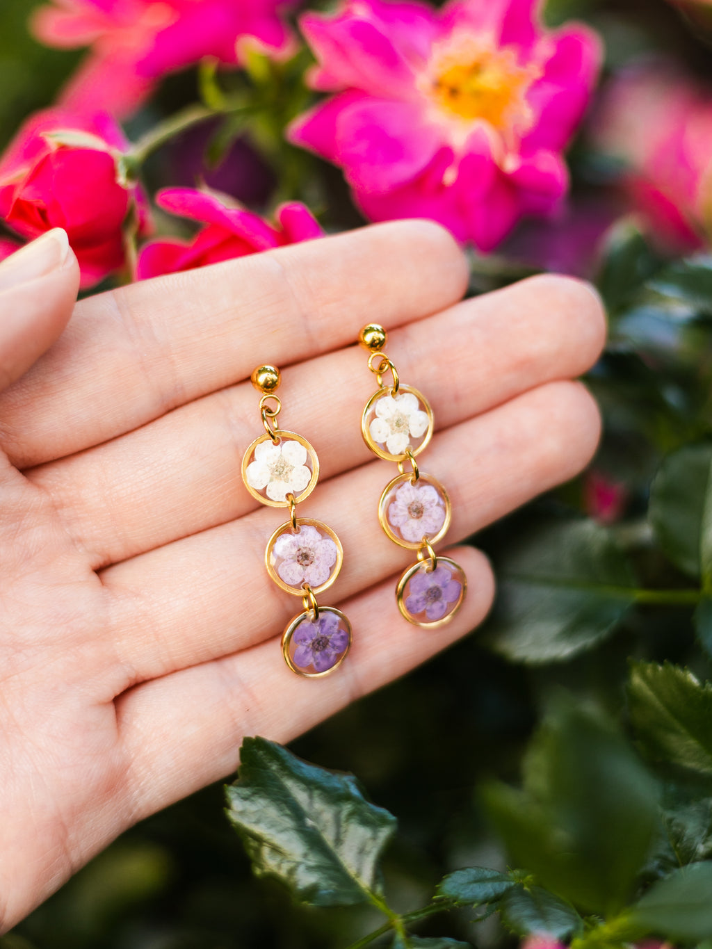 Earrings with tricolor spiraea - Purple