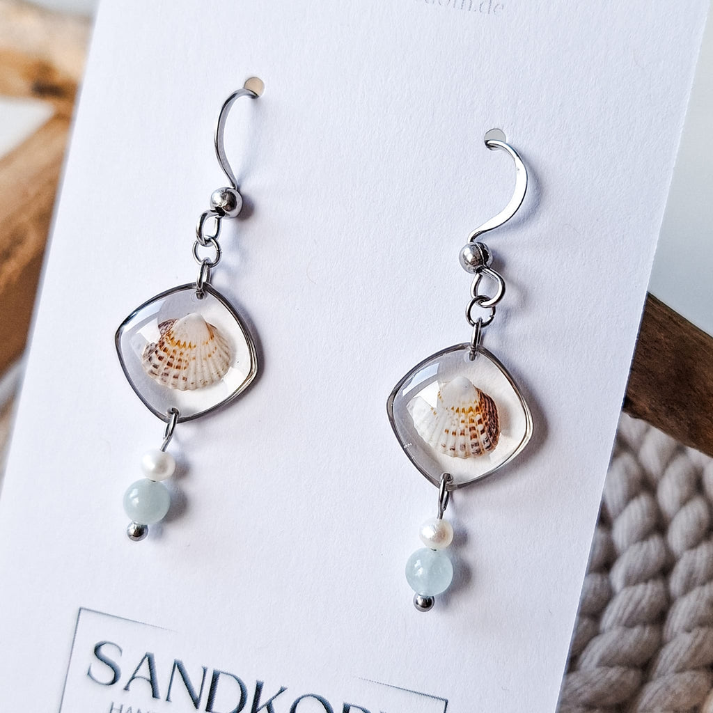 Ohrringe mit Herzmuscheln, Morganit und Süßwasserperlen