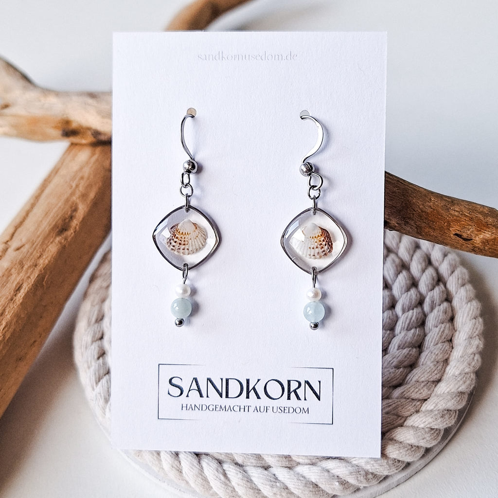 Ohrringe mit Herzmuscheln, Morganit und Süßwasserperlen