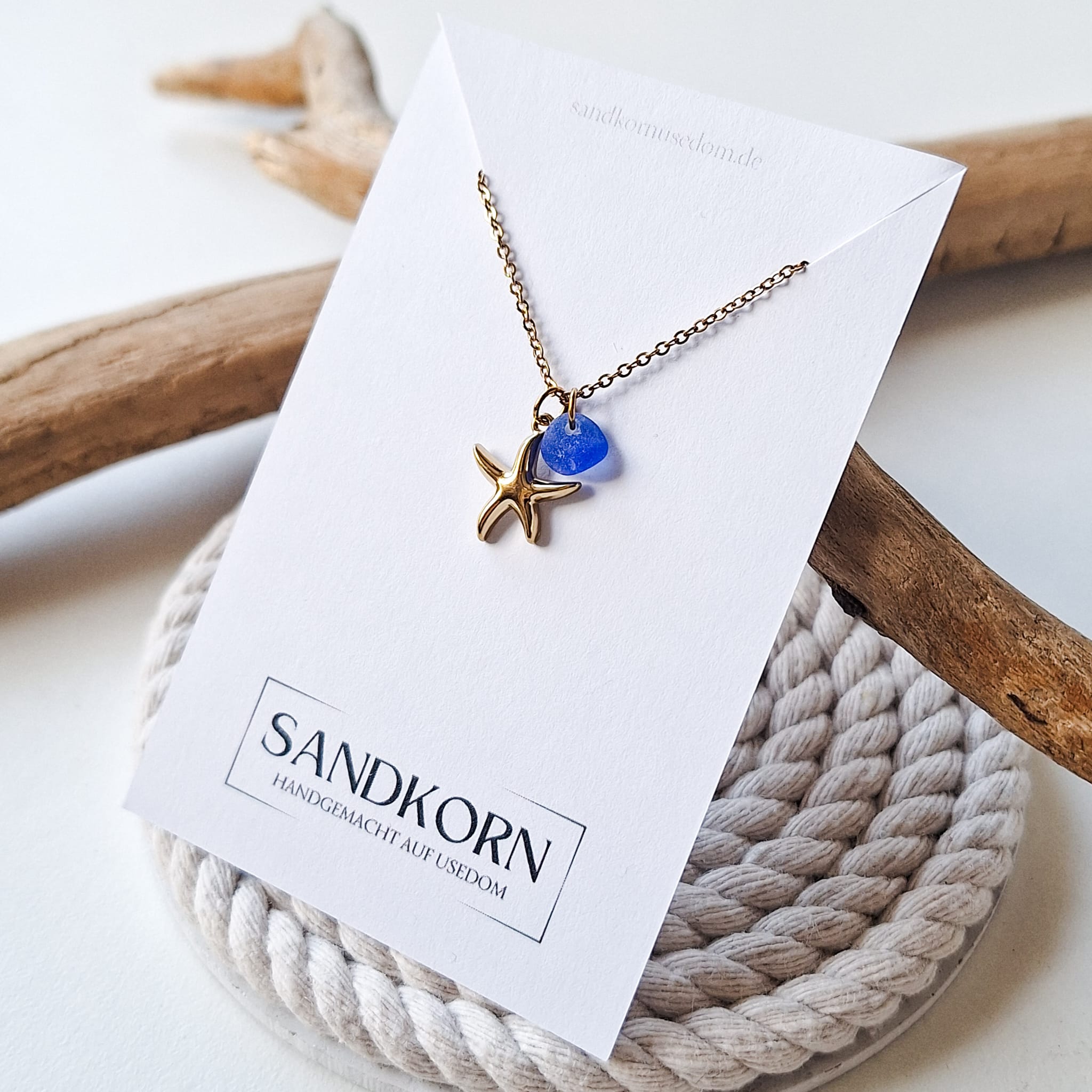 Halskette mit Seestern und Seeglas - Blau
