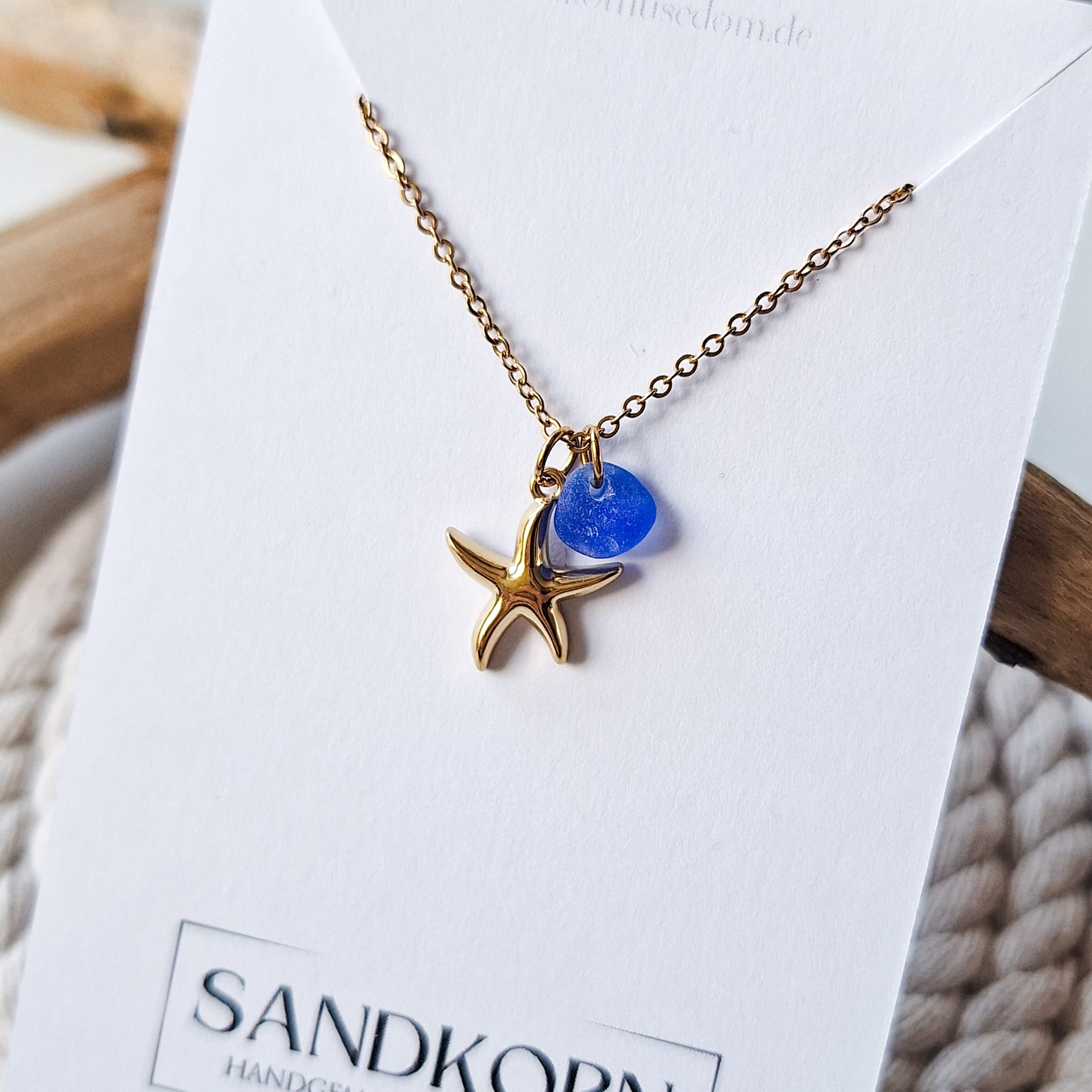 Halskette mit Seestern und Seeglas - Blau