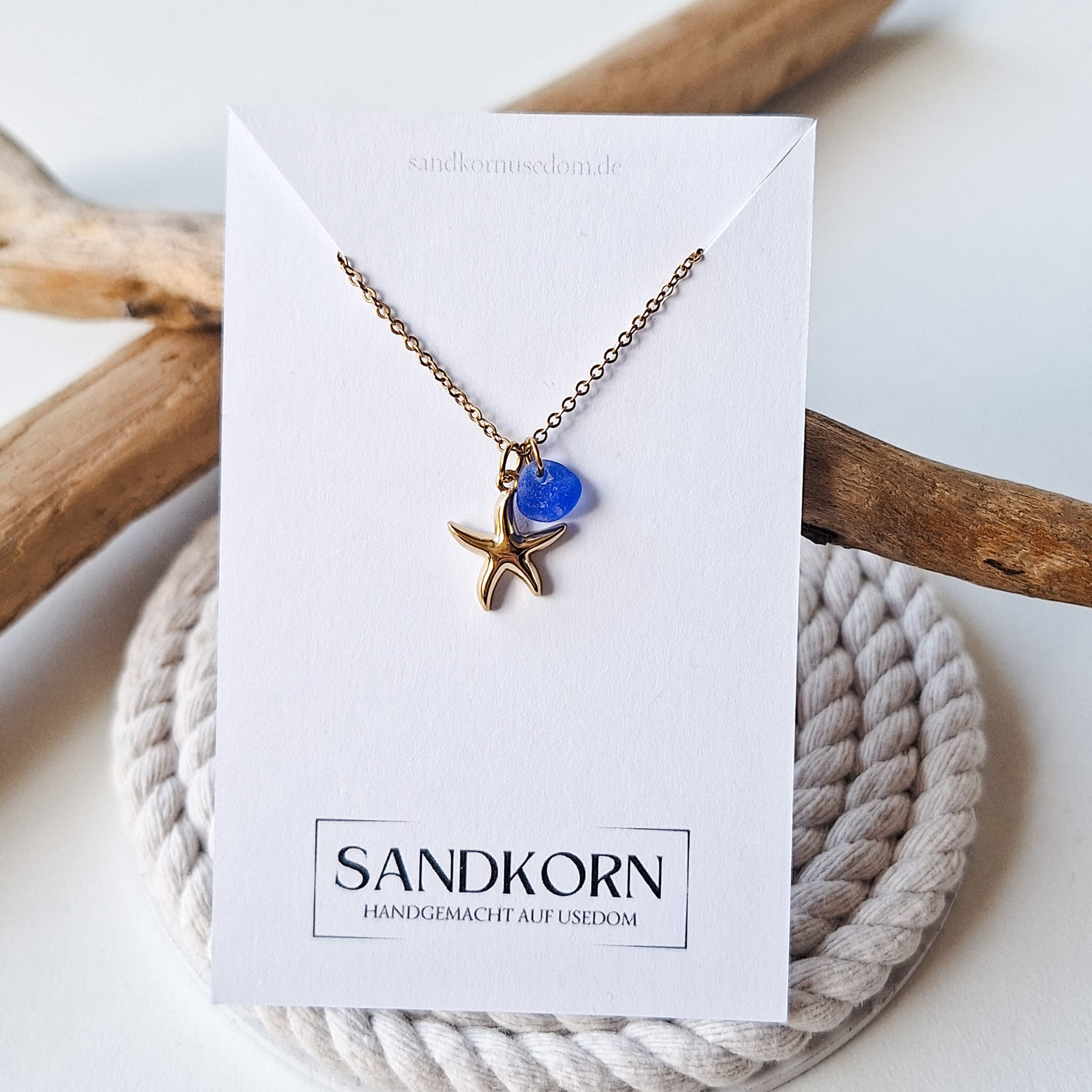 Halskette mit Seestern und Seeglas - Blau
