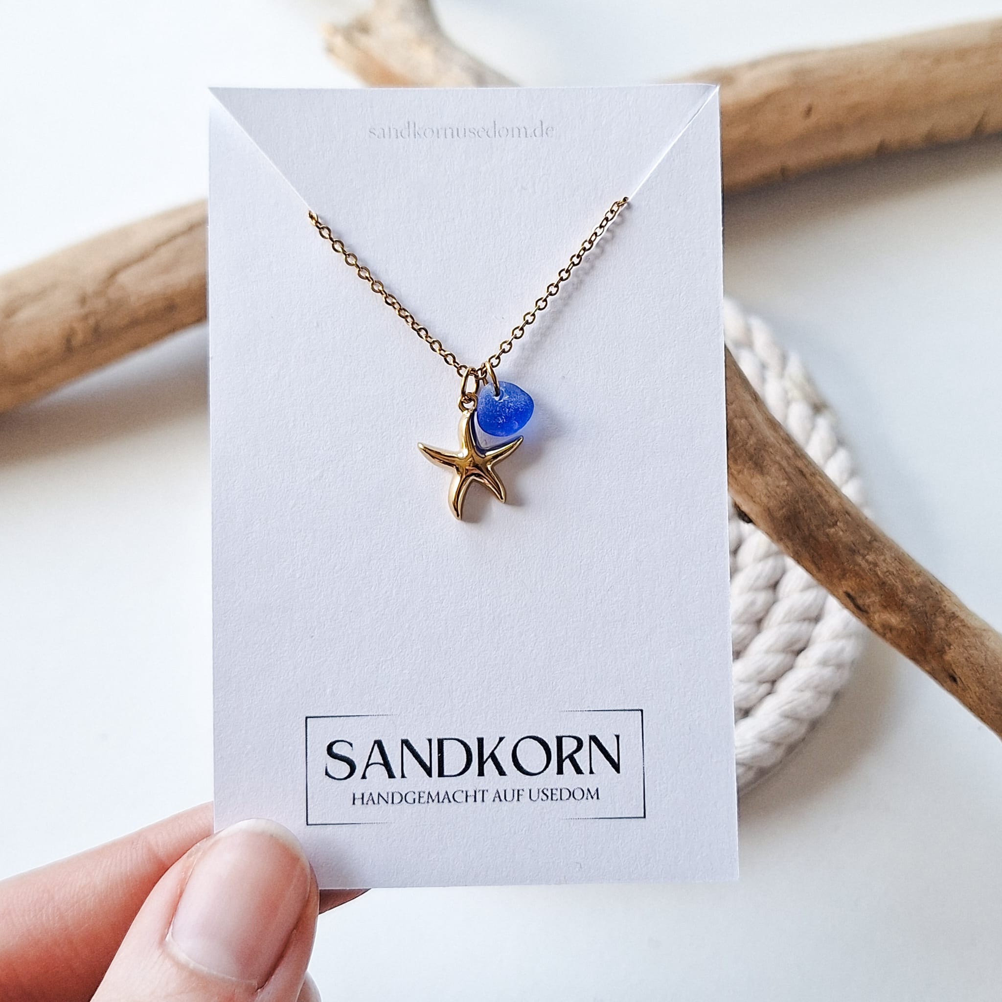 Halskette mit Seestern und Seeglas - Blau
