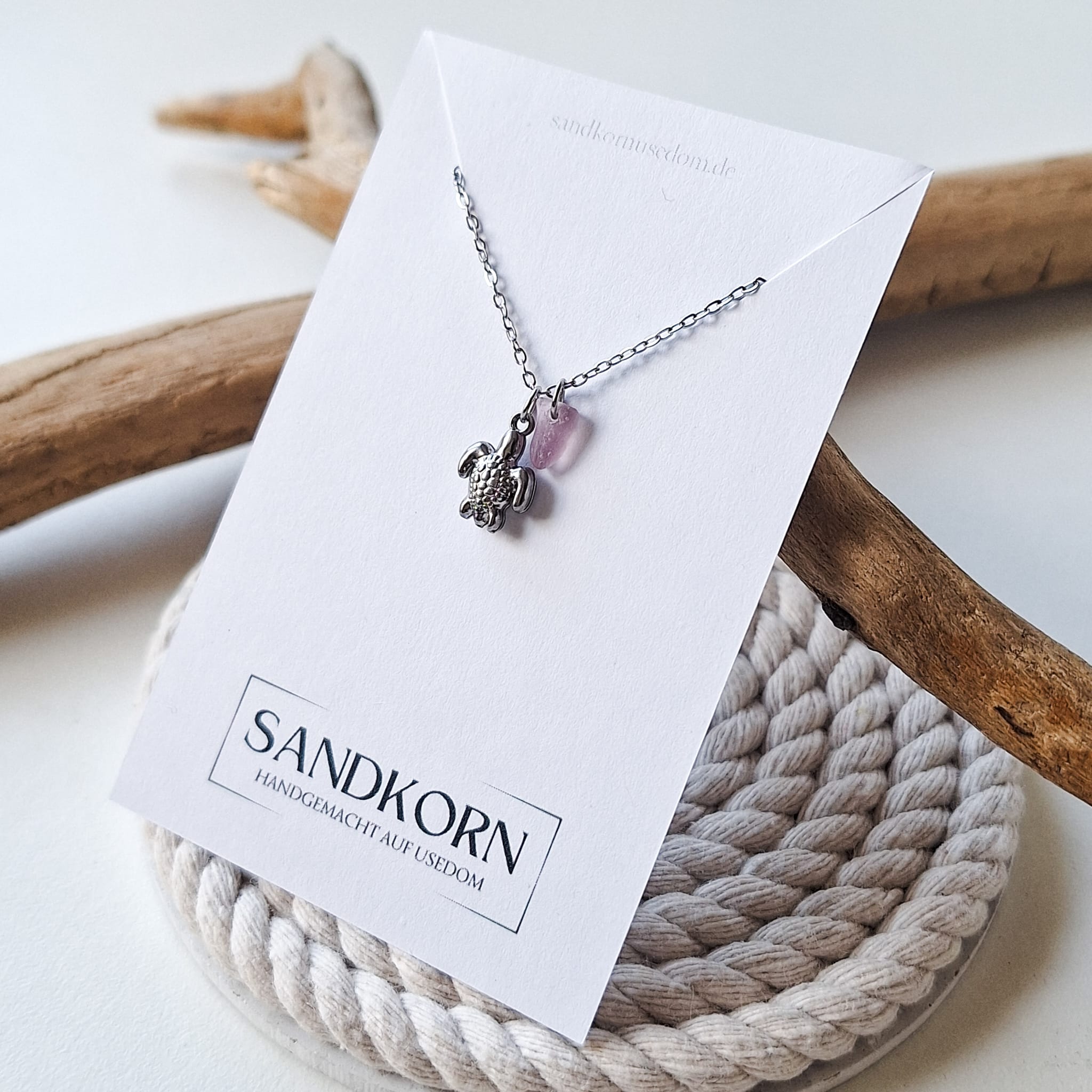 Halskette mit Schildkröte und Seeglas - Rosa