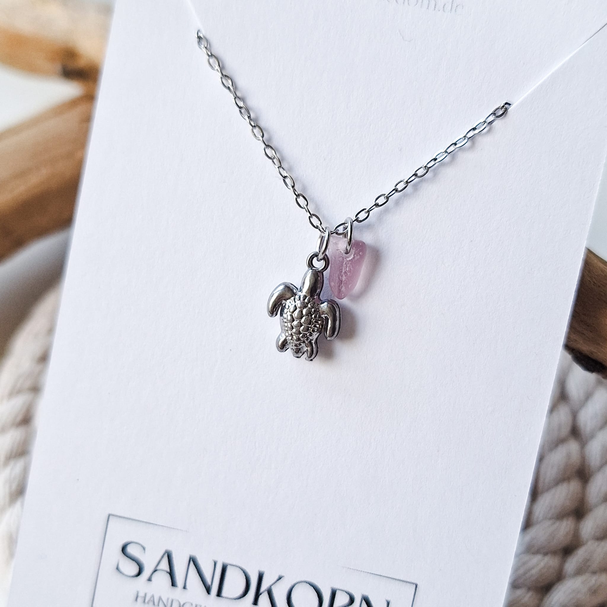 Halskette mit Schildkröte und Seeglas - Rosa