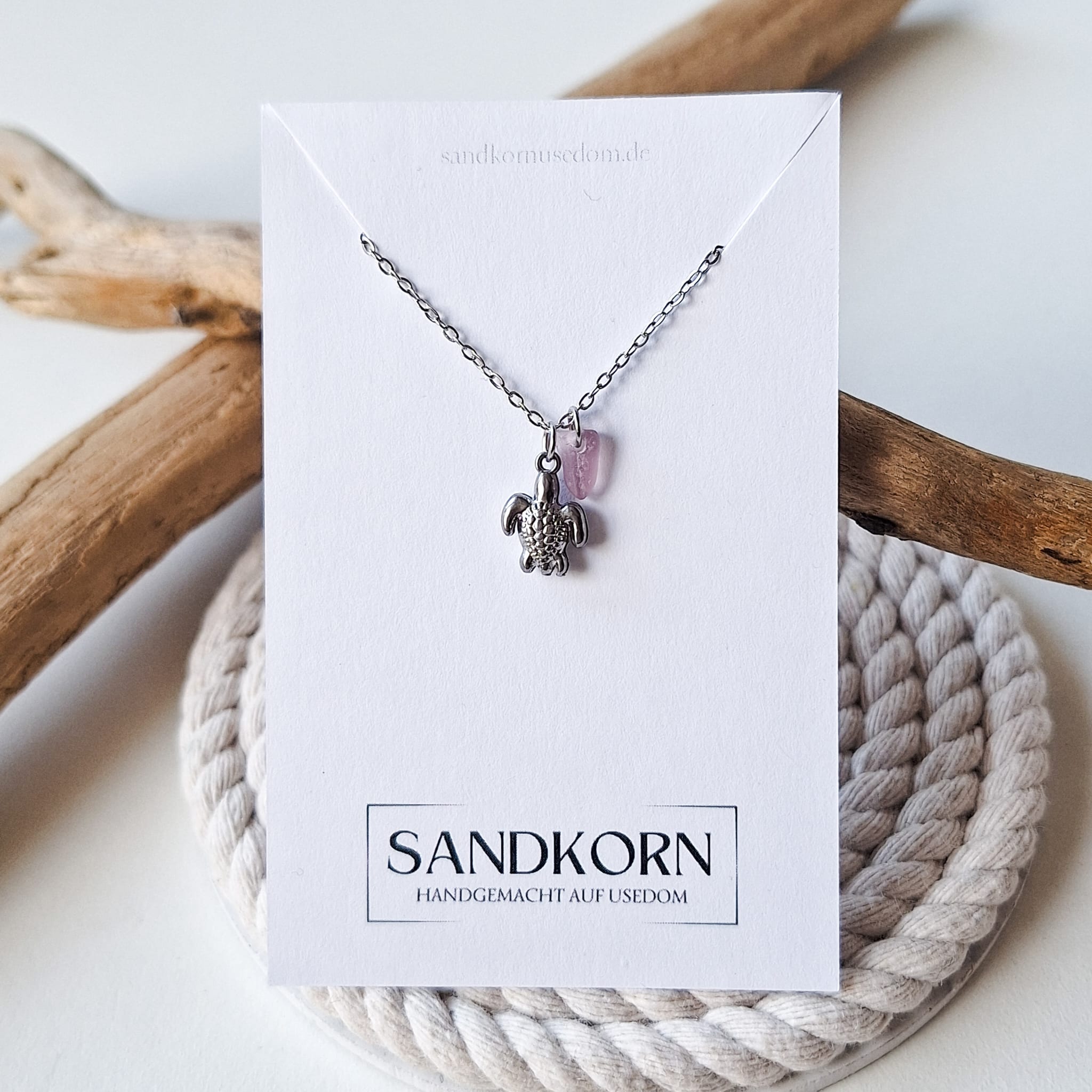 Halskette mit Schildkröte und Seeglas - Rosa