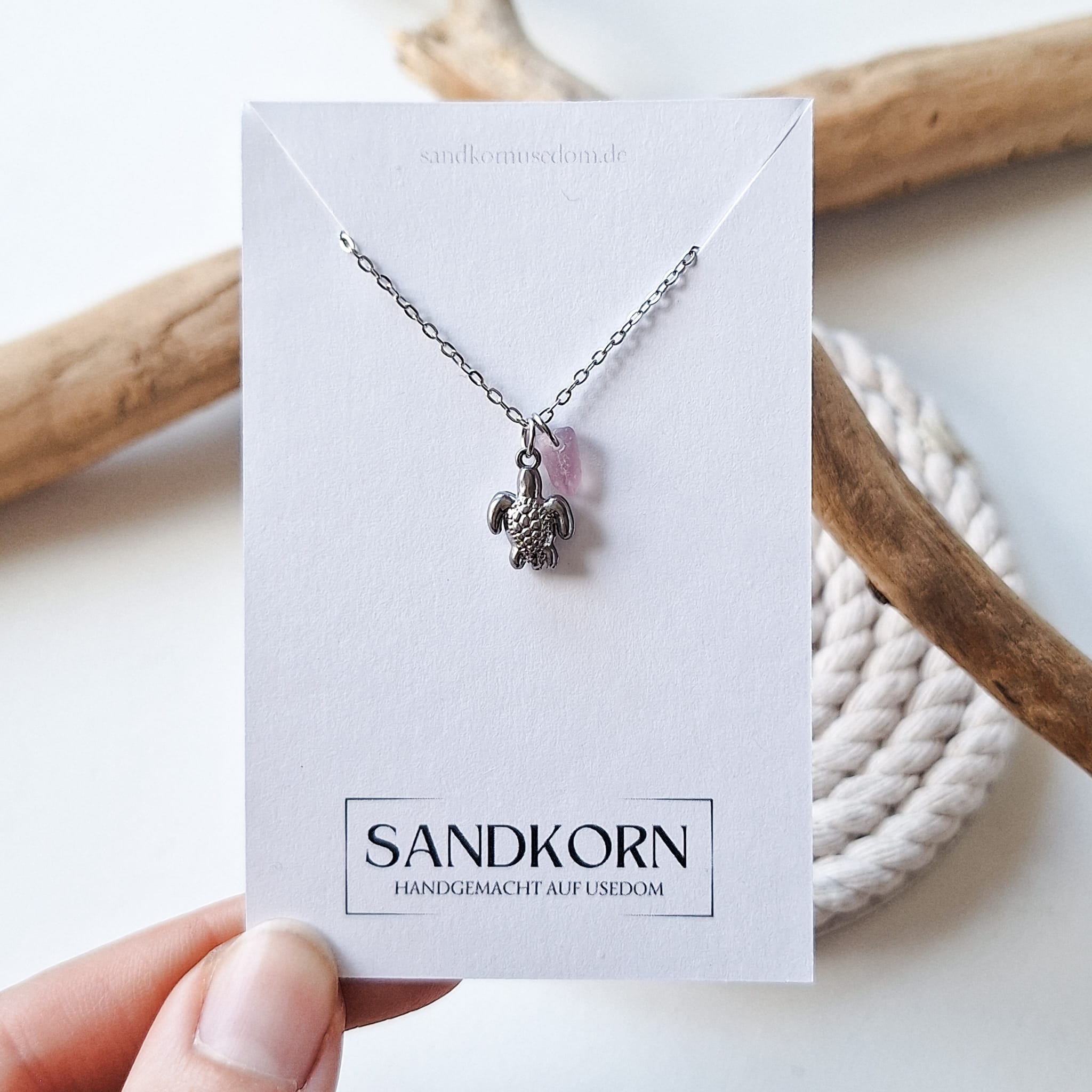 Halskette mit Schildkröte und Seeglas - Rosa