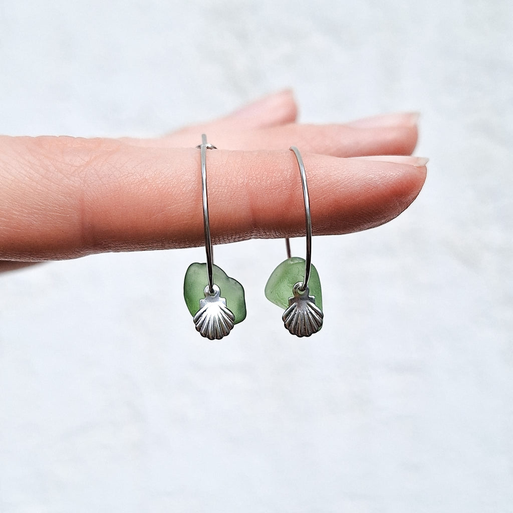 Sea glass hoop earrings - White