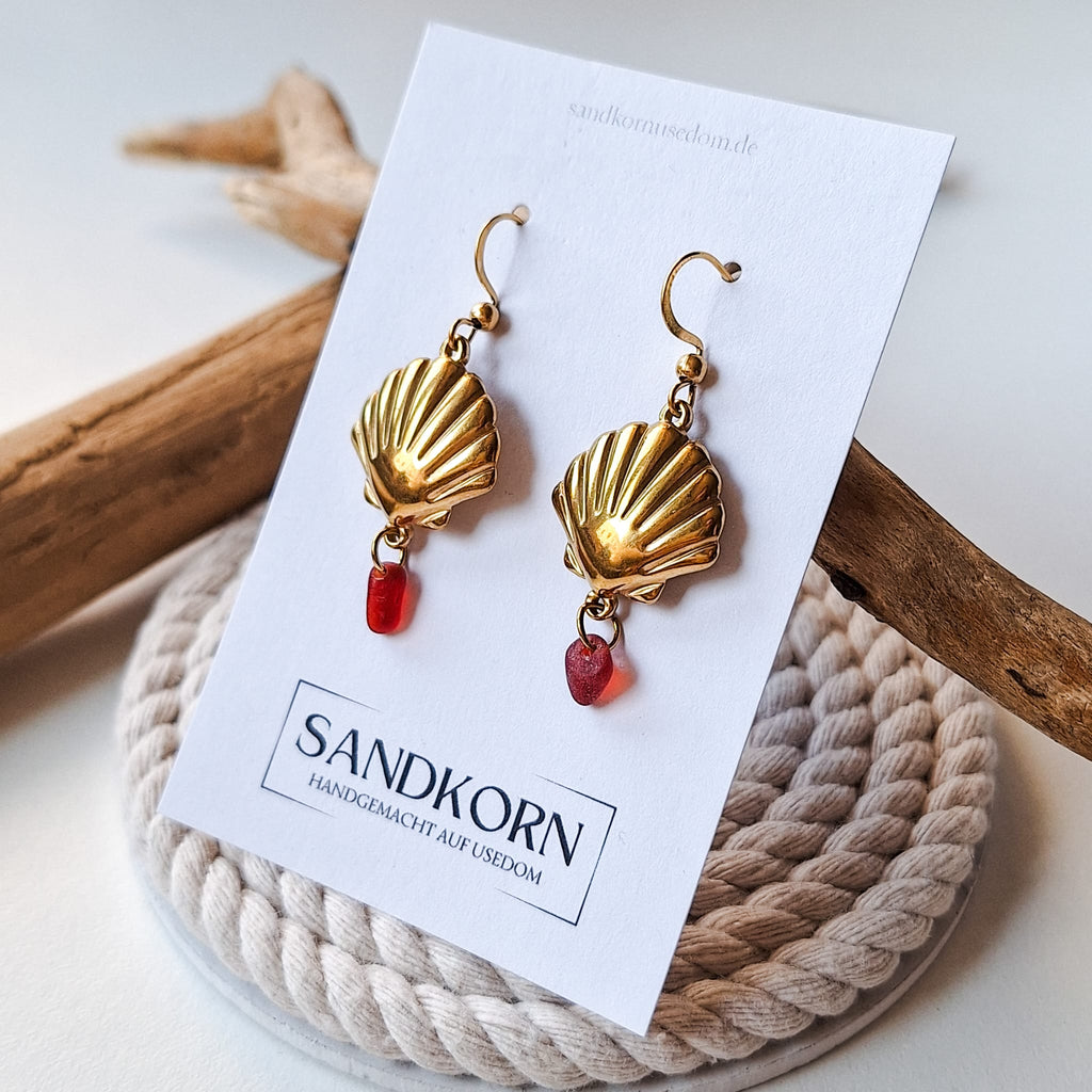 Ohrringe mit Muscheln und Seeglas - Rot