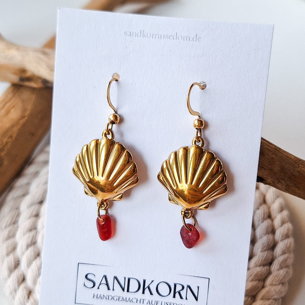Ohrringe mit Muscheln und Seeglas - Rot