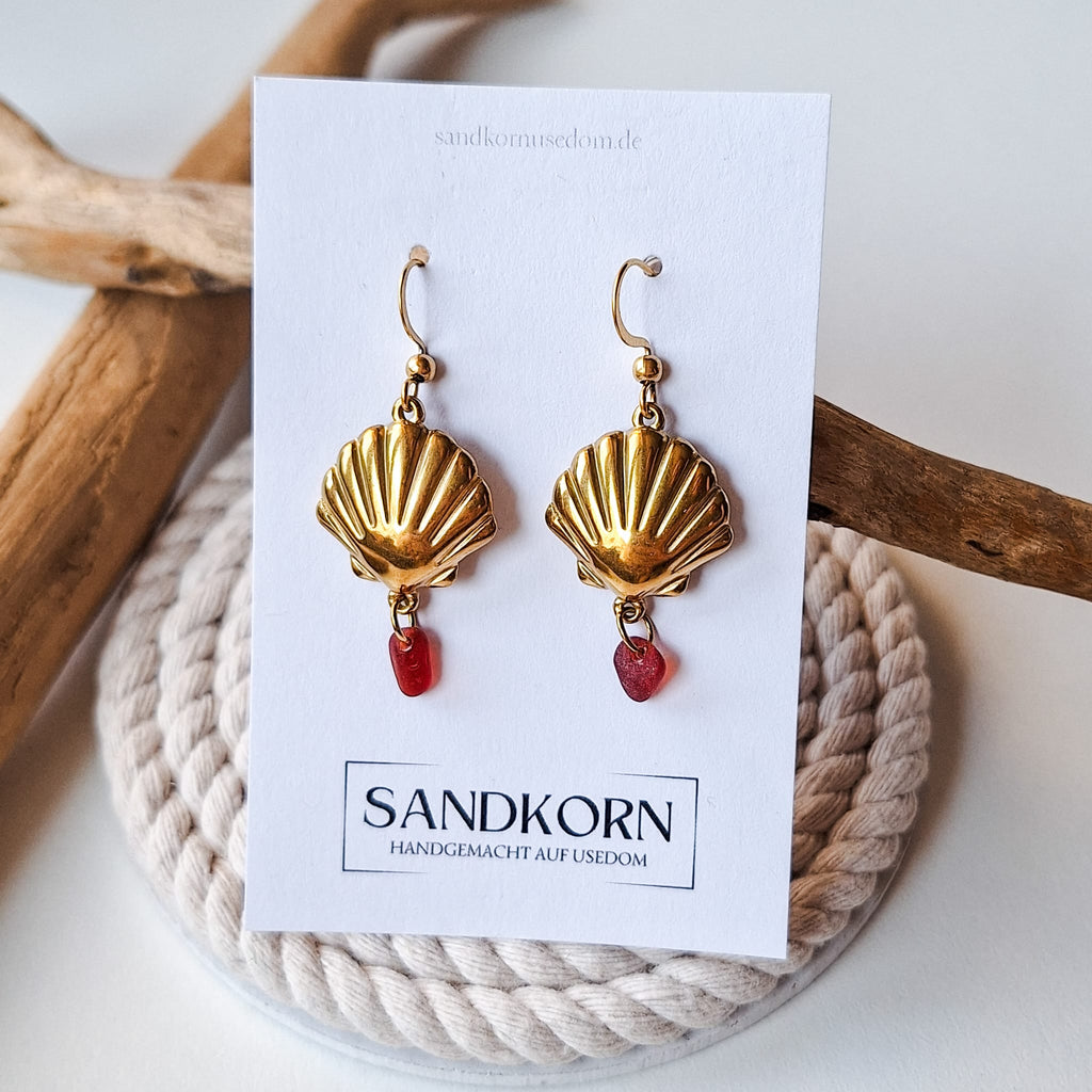 Ohrringe mit Muscheln und Seeglas - Rot