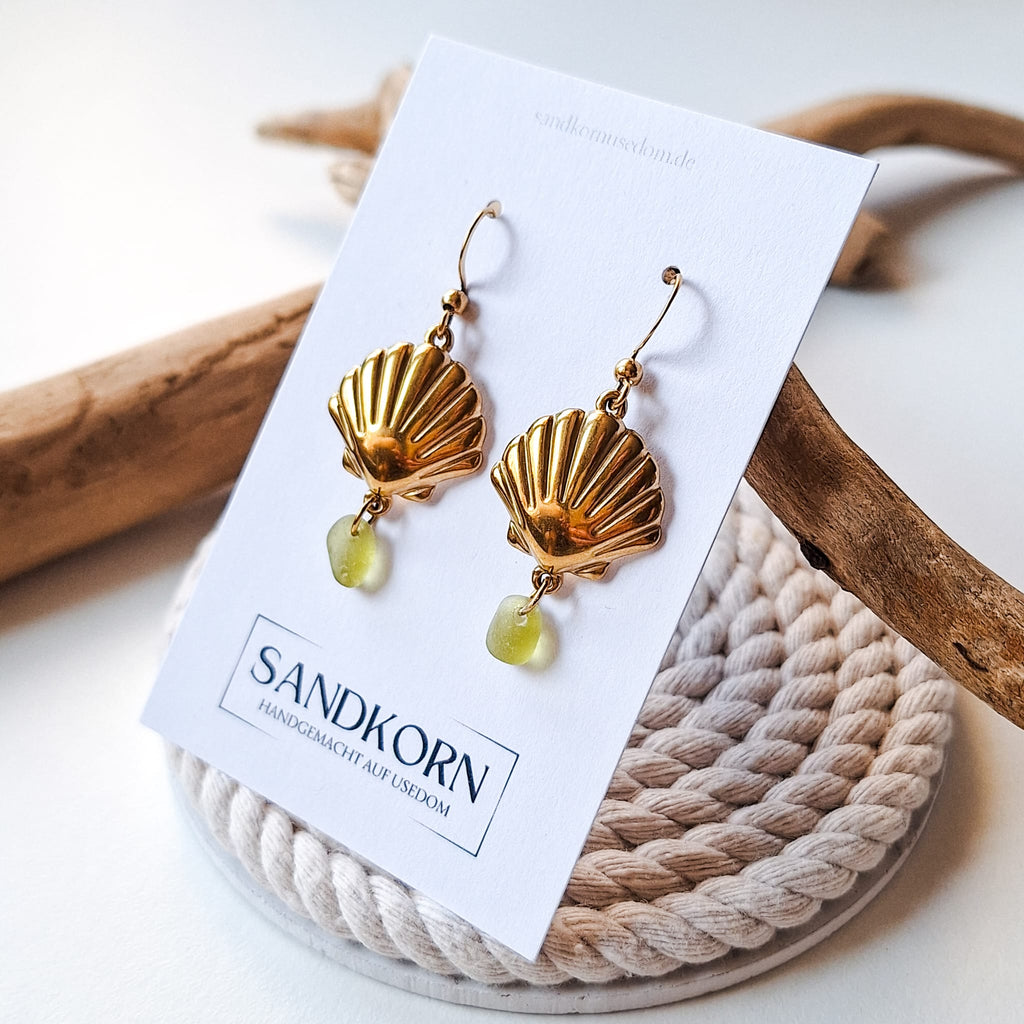 Ohrringe mit Muscheln und Seeglas - Olive