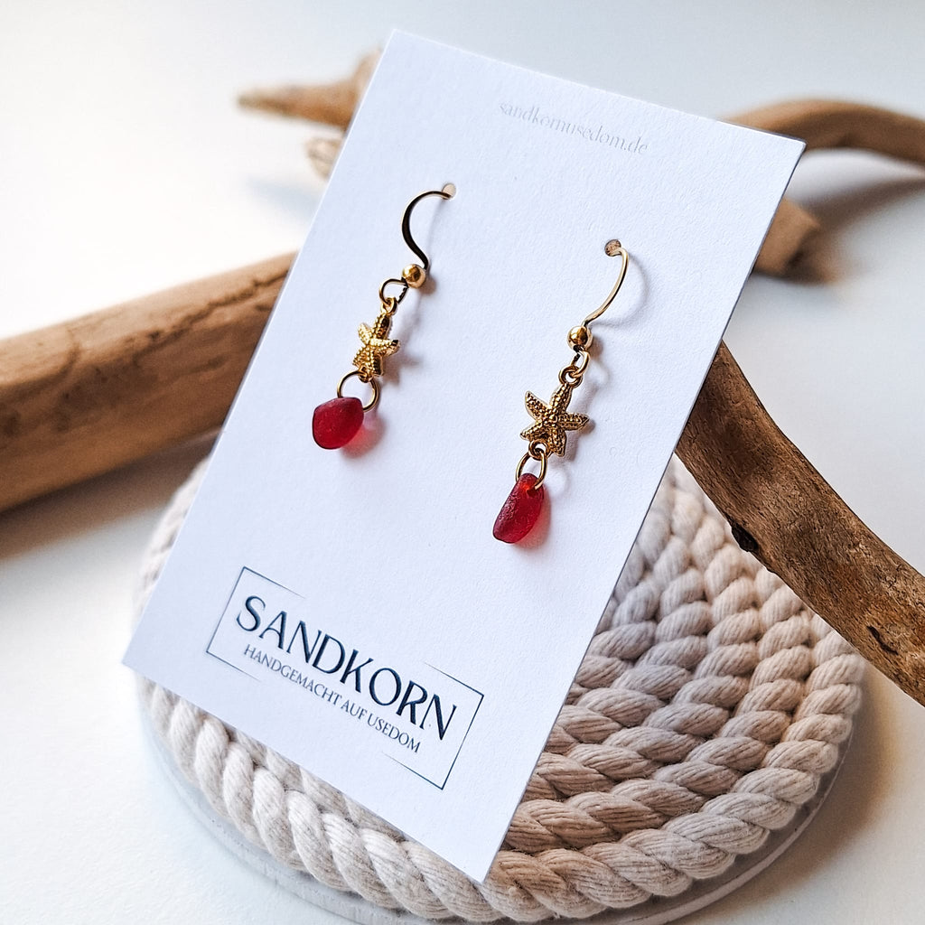 Ohrringe mit Seesternen und Seeglas - Rot