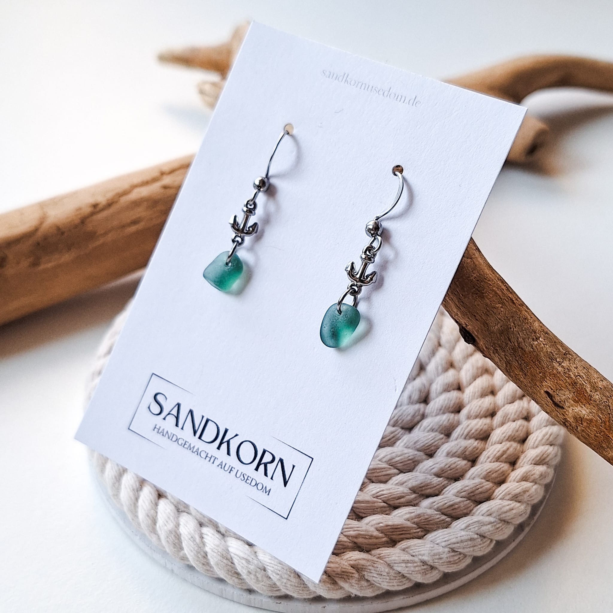 Ohrringe mit Anker und Seeglas - Teal