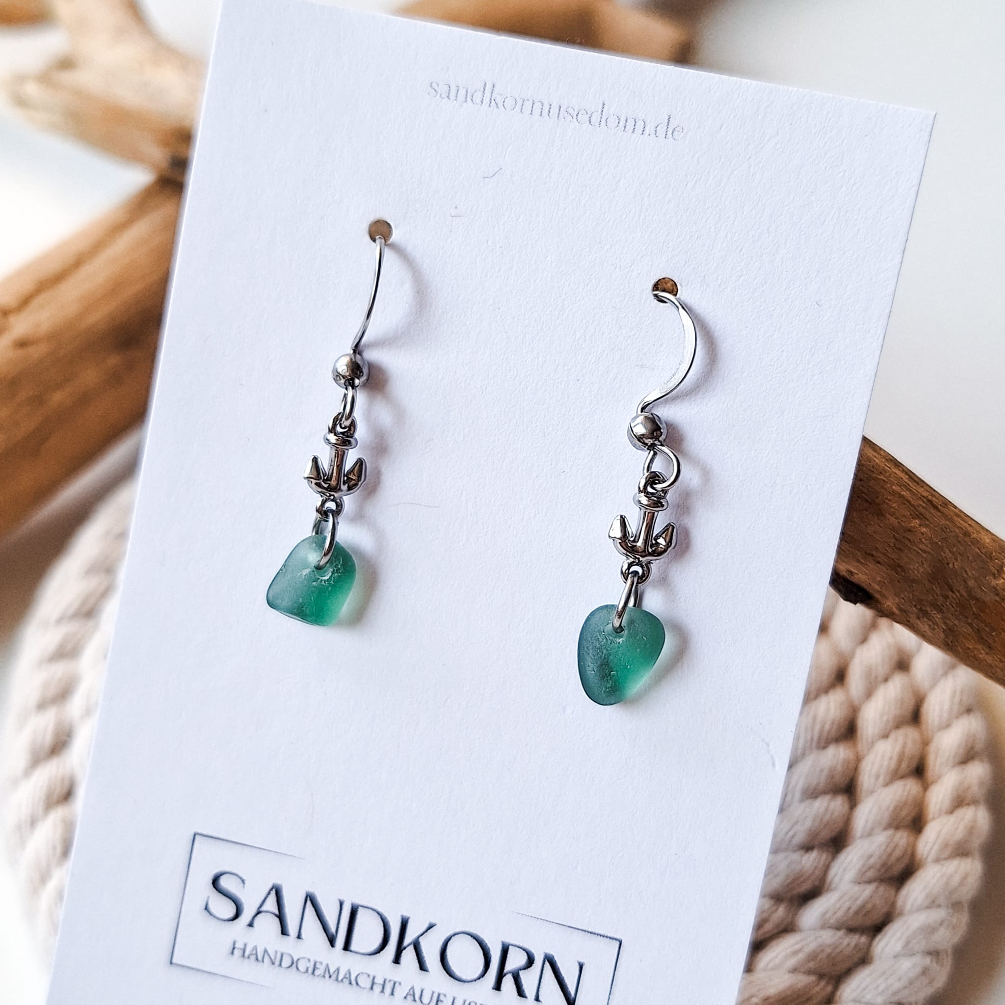 Ohrringe mit Anker und Seeglas - Teal