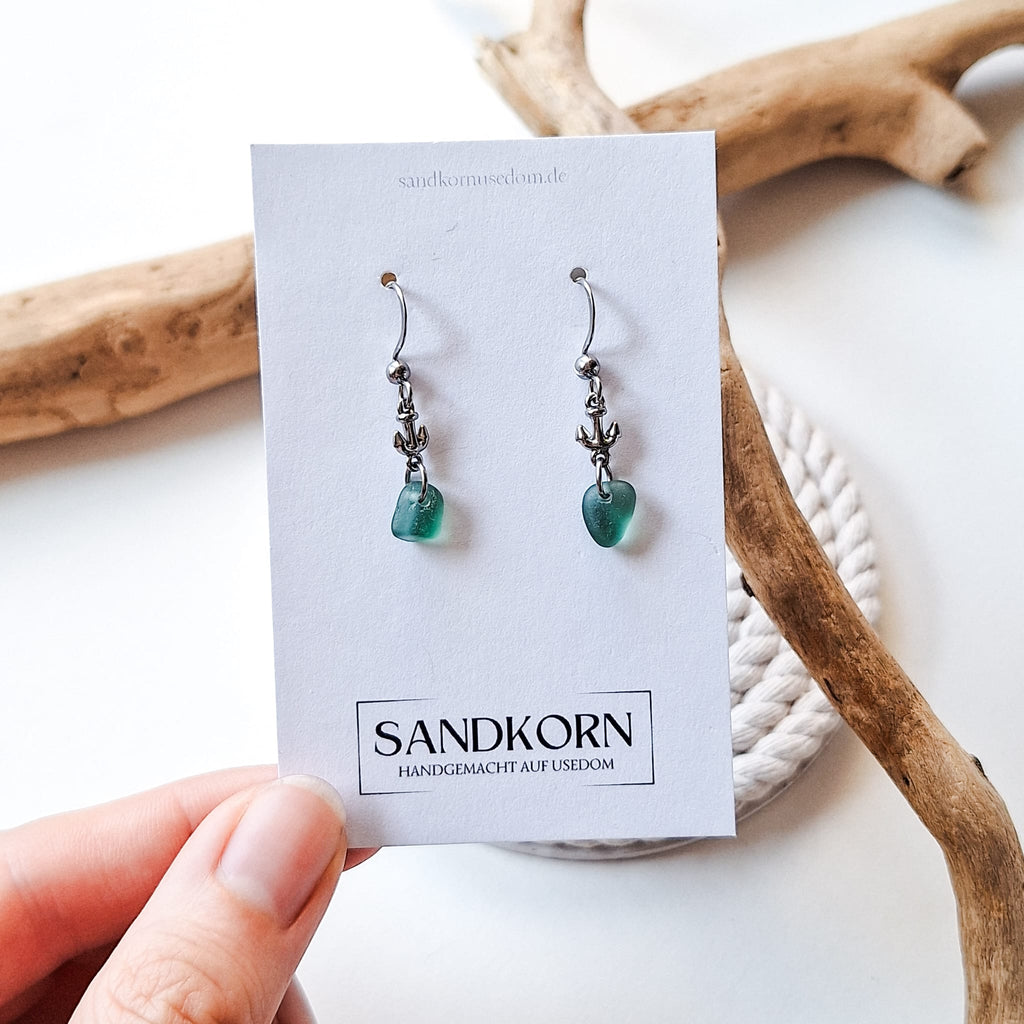 Ohrringe mit Anker und Seeglas - Teal