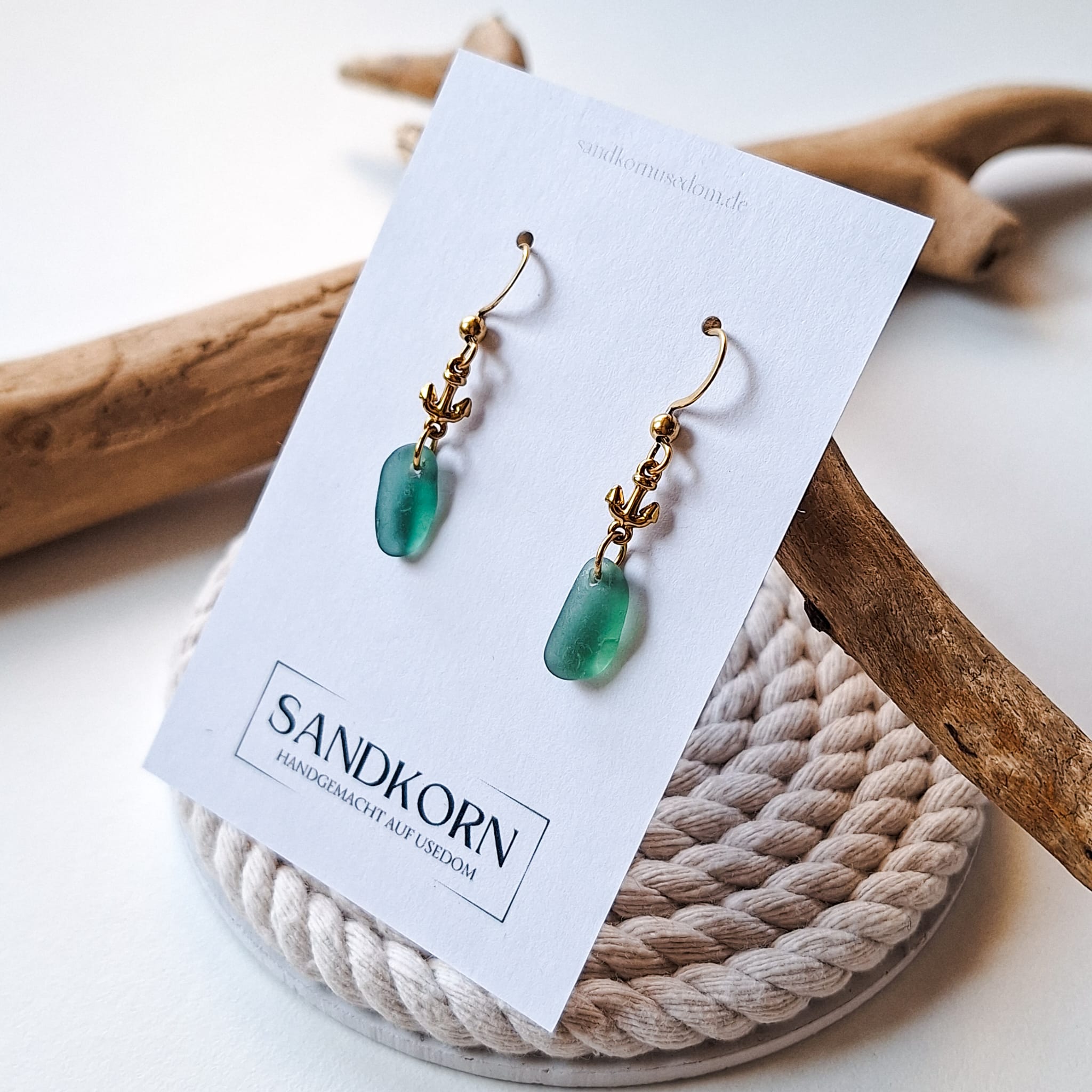 Ohrringe mit Anker und Seeglas - Teal