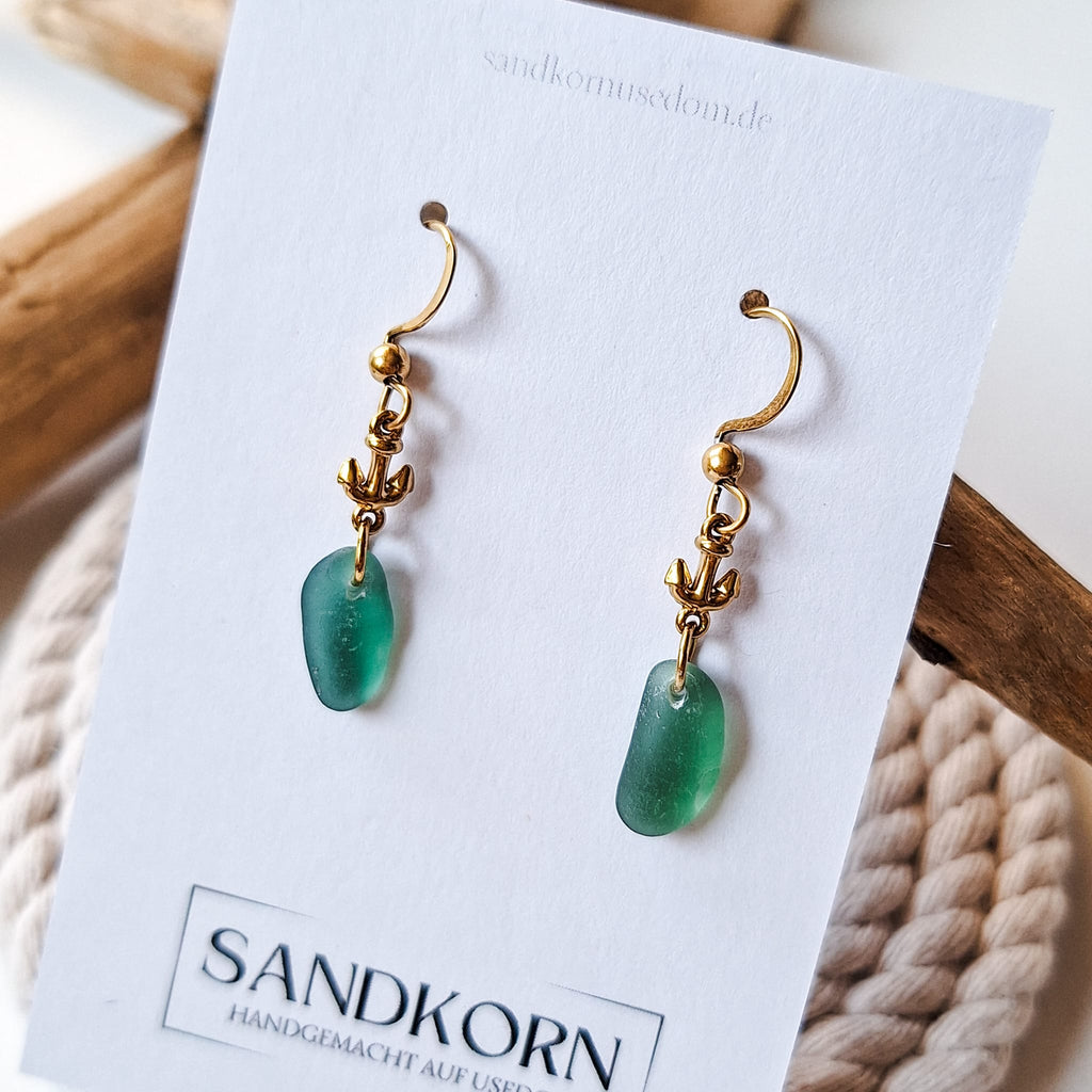 Ohrringe mit Anker und Seeglas - Teal