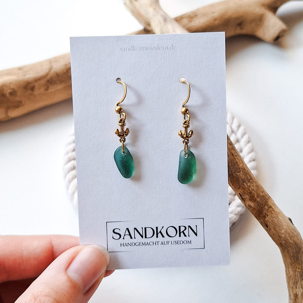 Ohrringe mit Anker und Seeglas - Teal