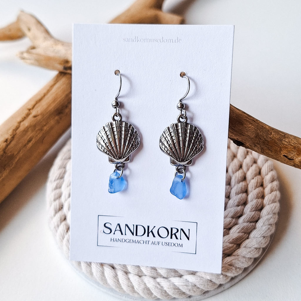 Ohrringe mit Muscheln und Seeglas - Blau