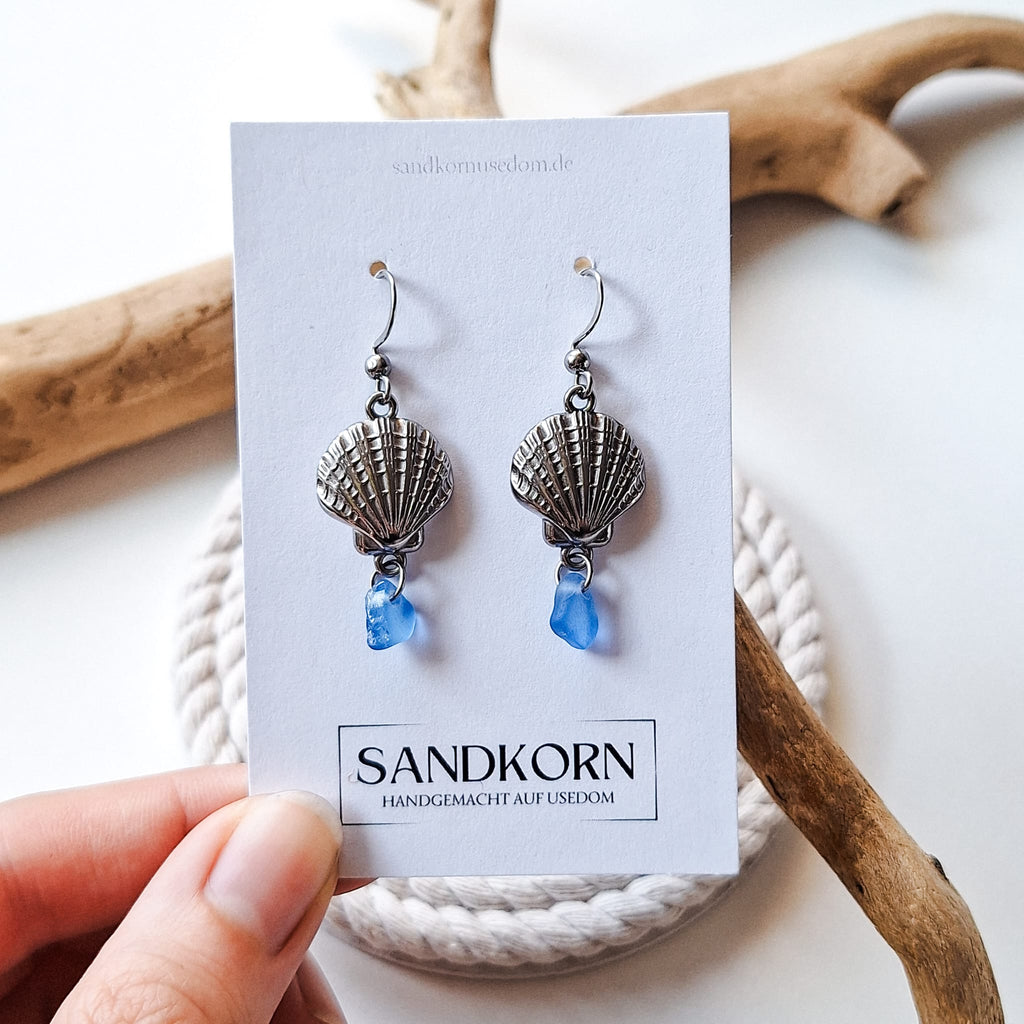 Ohrringe mit Muscheln und Seeglas - Blau