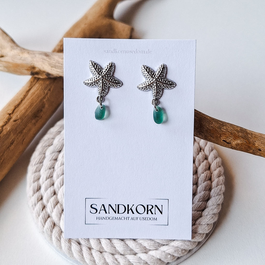 Ohrstecker mit Seeglas und Seestern - Teal - SANDKORN Usedom 