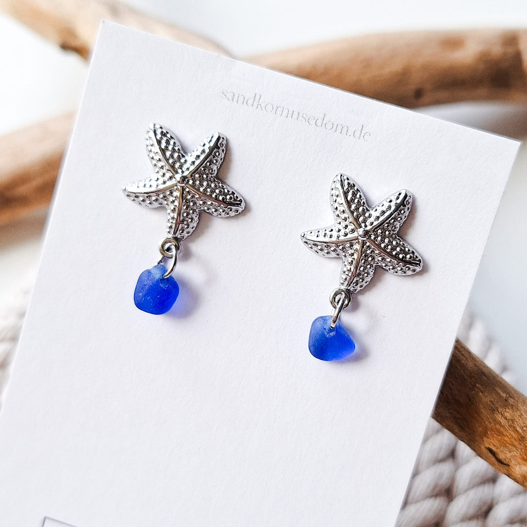 Stud earrings with sea glass and starfish - Aqua