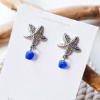 Stud earrings with sea glass and starfish - Aqua