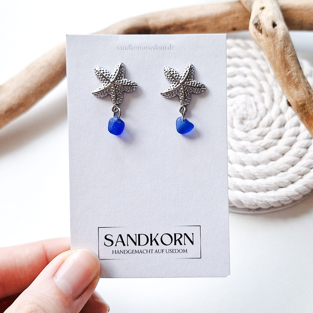 Stud earrings with sea glass and starfish - Aqua